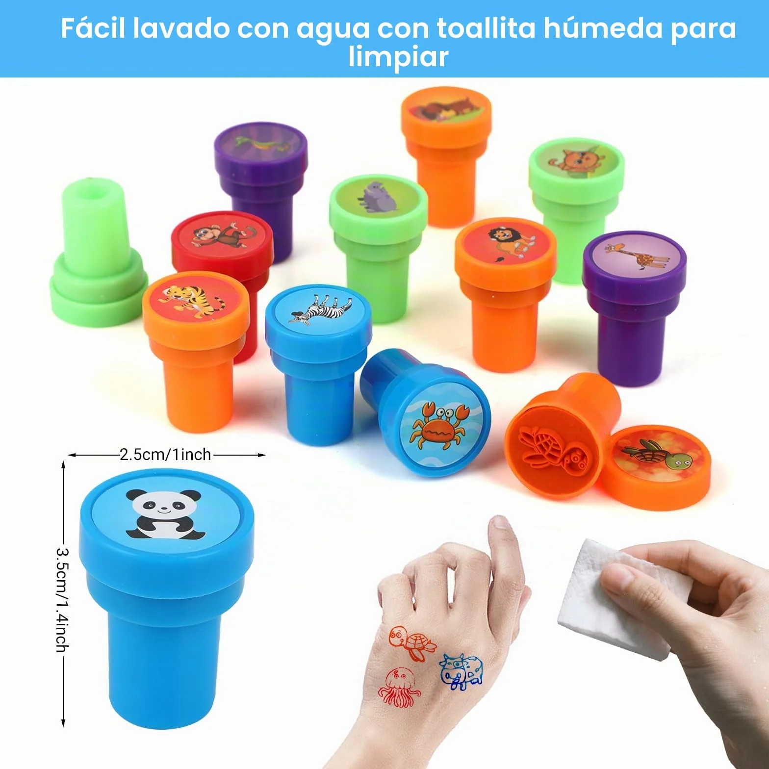 RMIVEGLIA Set de 30 Sellos Infantiles – Sellos para Niños Autotintables con Dibujos de Animales, de Plástico en 5 Colores, Regalos Cumpleaños Niños Colegio, Detalles para Fiestas.