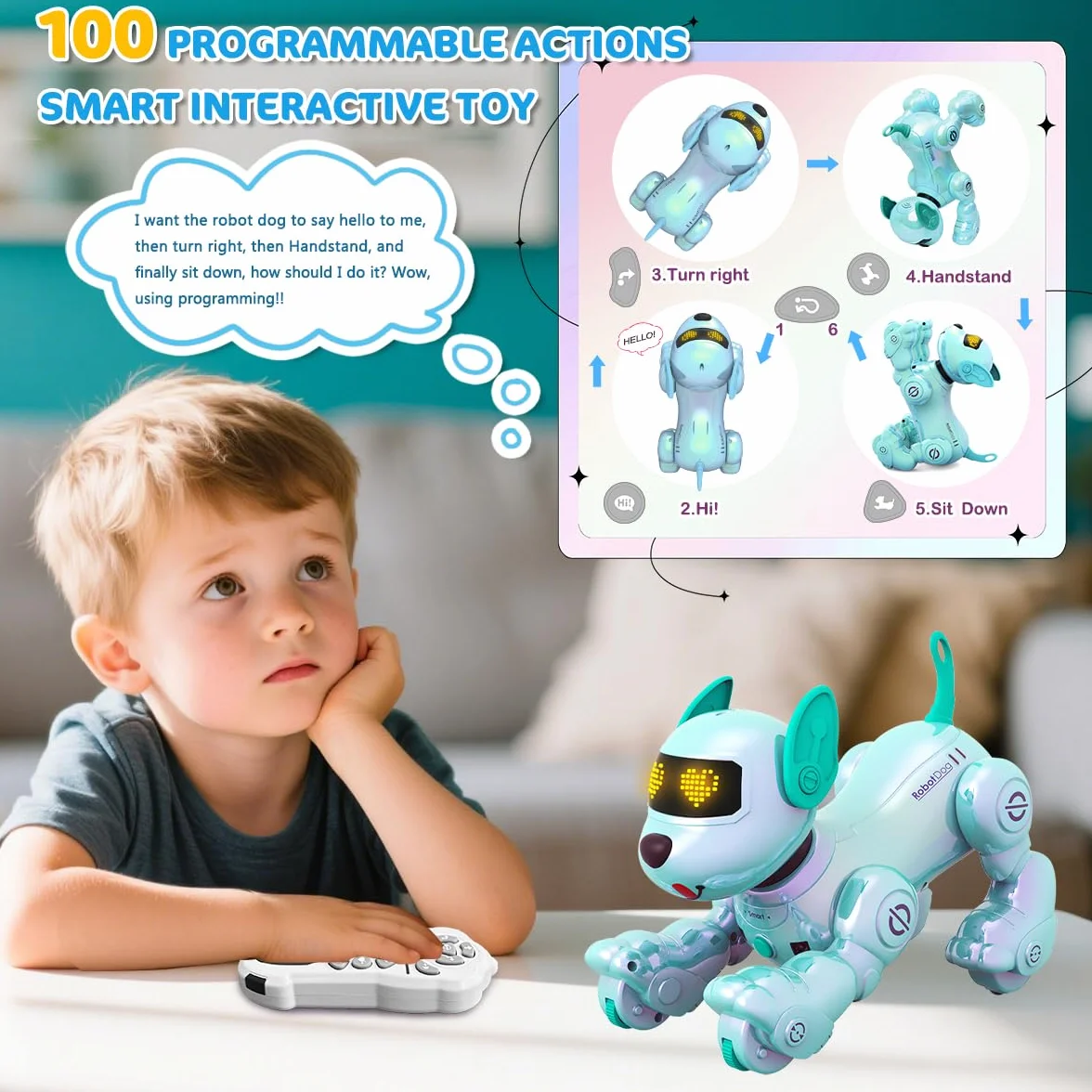 VATOS Perro Robot Recargable para Niños, Perro Robot con Control Remoto, Programable,17 Funciones Interactivas y Volumen Ajustable; Juguete de Cachorro Robot Que Canta y Baila, Regalo para Niños,Azul