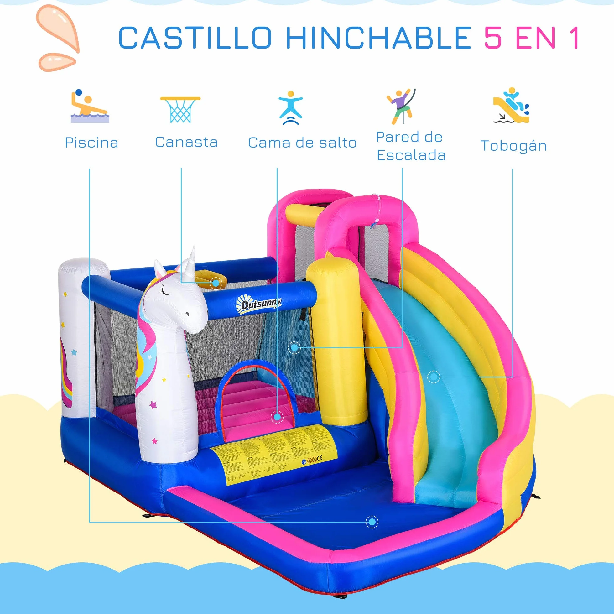 Outsunny Castillo Hinchable para Niños Castillo Inflable Infantil en Forma de Unicornio Parque Acuático con Tobogán Piscina Cama de Salto Inflador y Bolsa de Transporte 360x305x210 cm para 3-8 Años