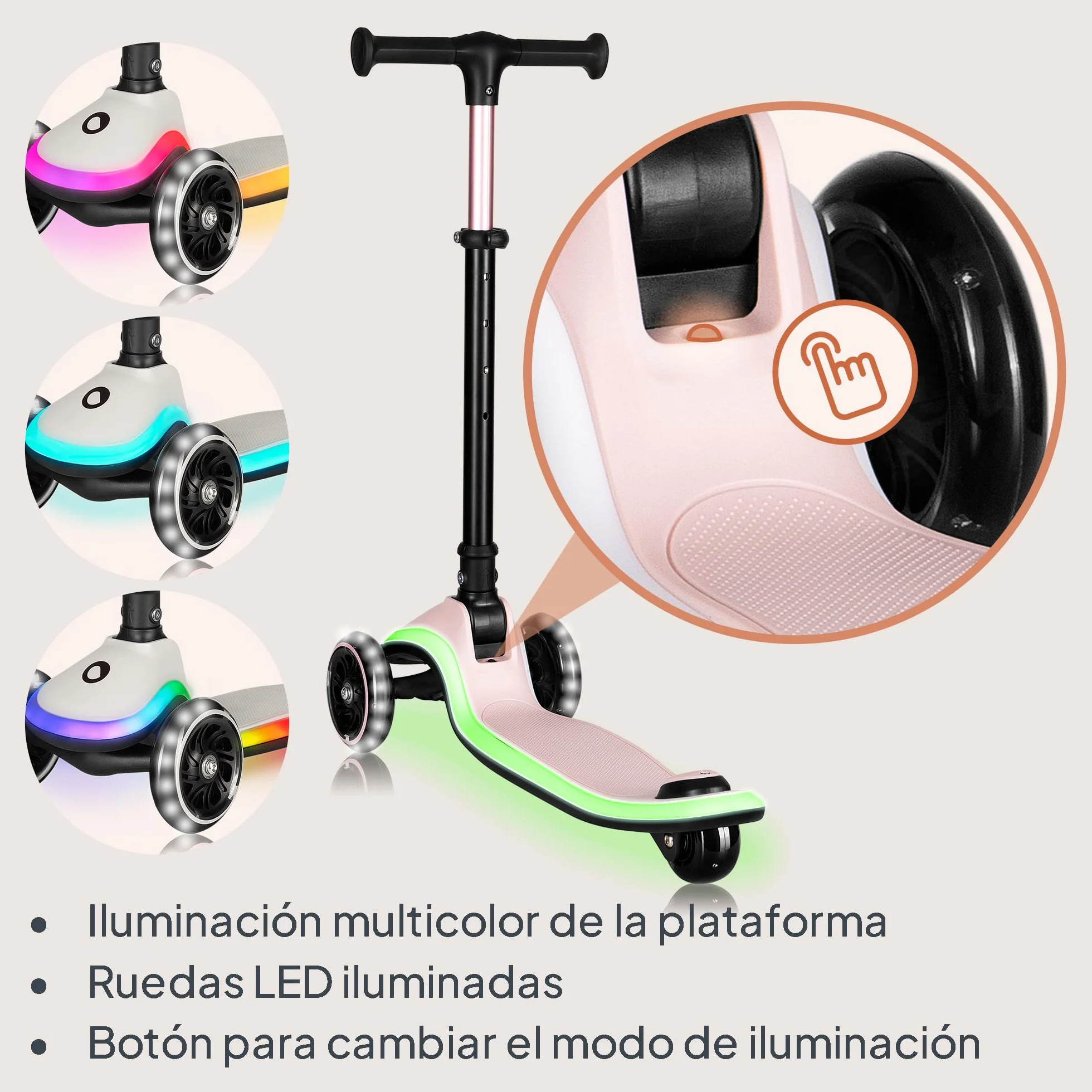 LIONELO MEY Patinete de Equilibrio para Niños Desde 3 años hasta 50 kg, Scooter Infantil Patinete de 3 Ruedas con Ajuste de Altura, Plataforma Antideslizante Iluminada y Ruedas LED, Cesta