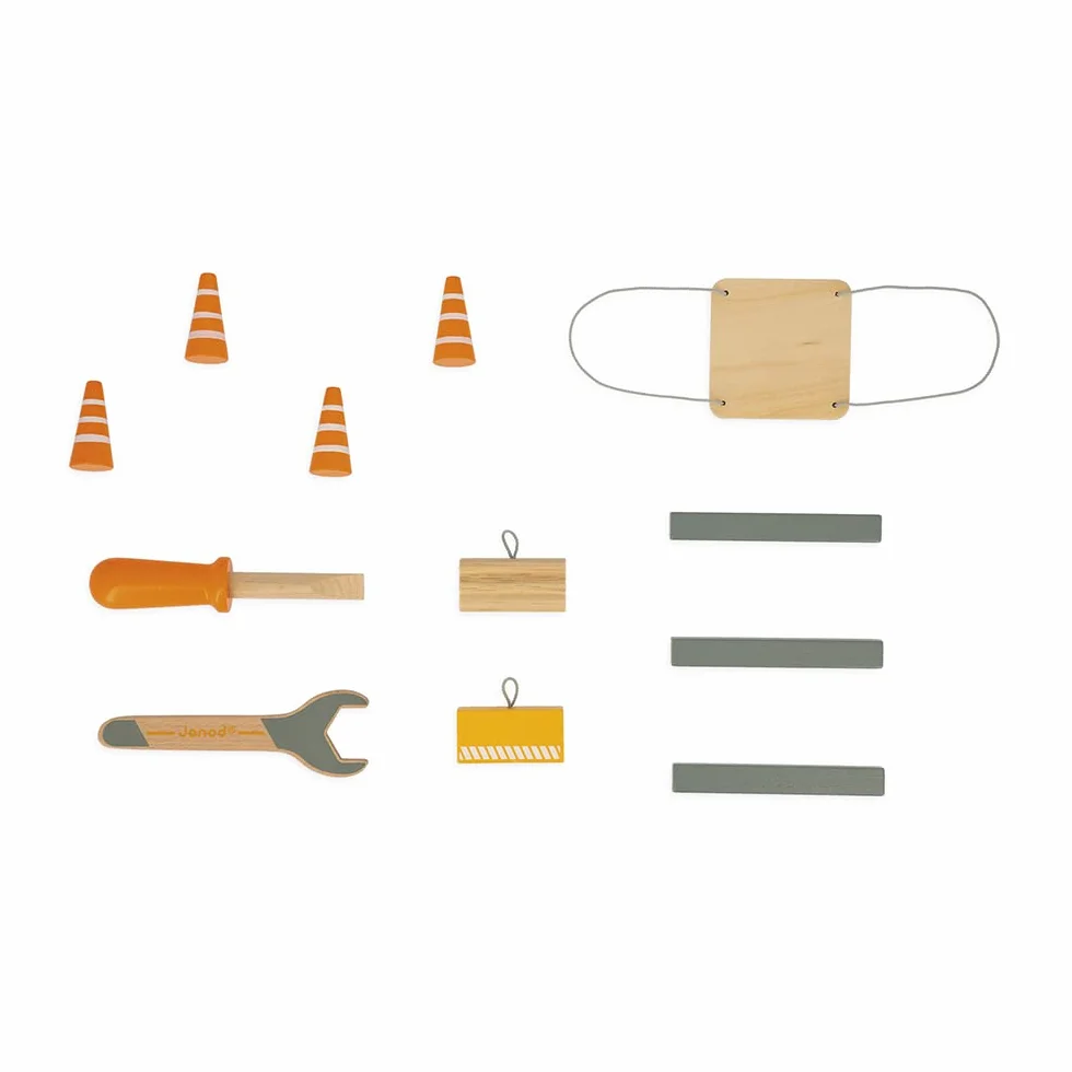 Janod - Grúa Grande de Madera 74 cm - Juguete de Imitación - Juego de Construcción - Rotación 360° y Móvil - 12 Accesorios - Certificado FSC - A Partir de 3 Años, J06468