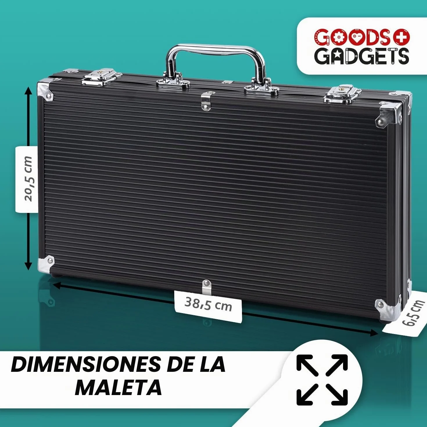GOODS+GADGETS Maletín de Póquer con 300 a 500 Fichas, Baraja de Cartas, Dados y Botón del Crupier - Maleta de Aluminio con Cerradura (Negro, 300 Fichas)