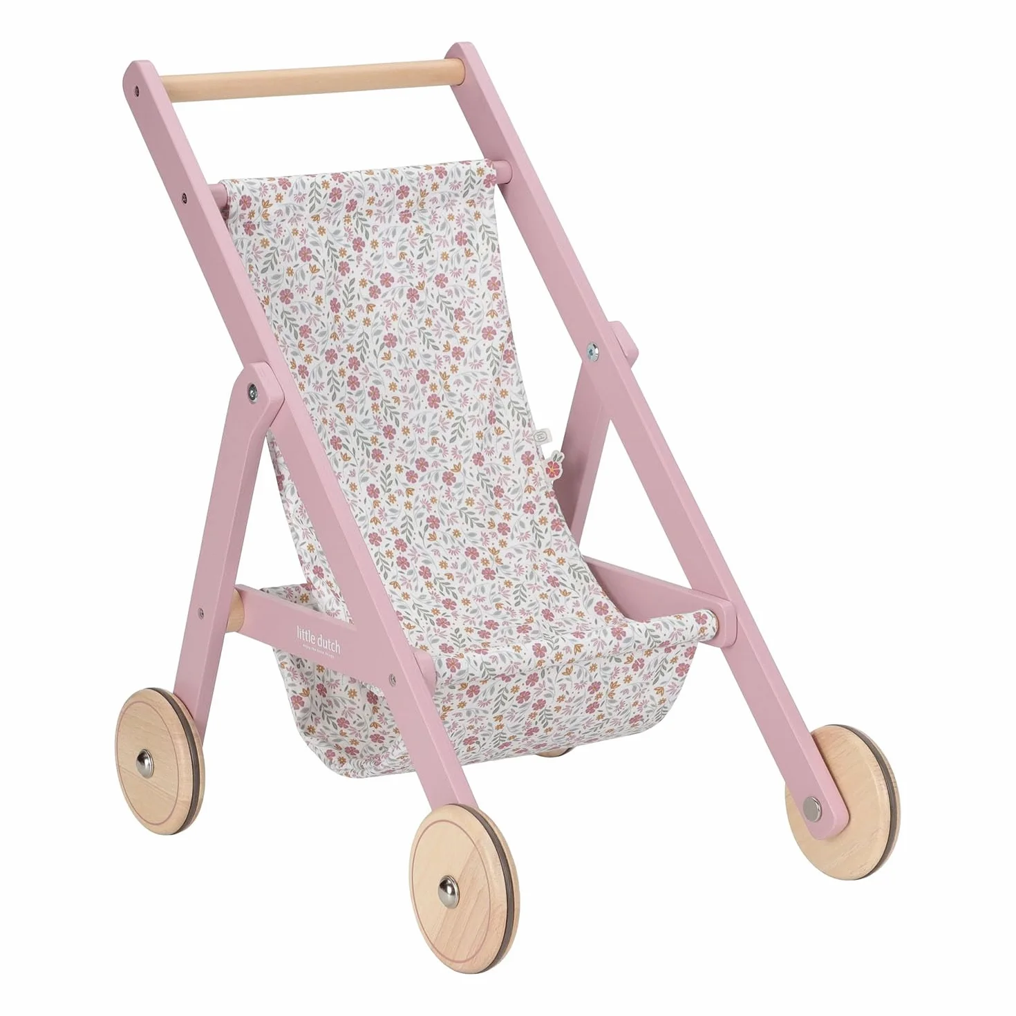 Little Dutch Cochecito de muñecas de madera con compartimento para muñecas de 33-46 cm, Soft Flowers, rosa