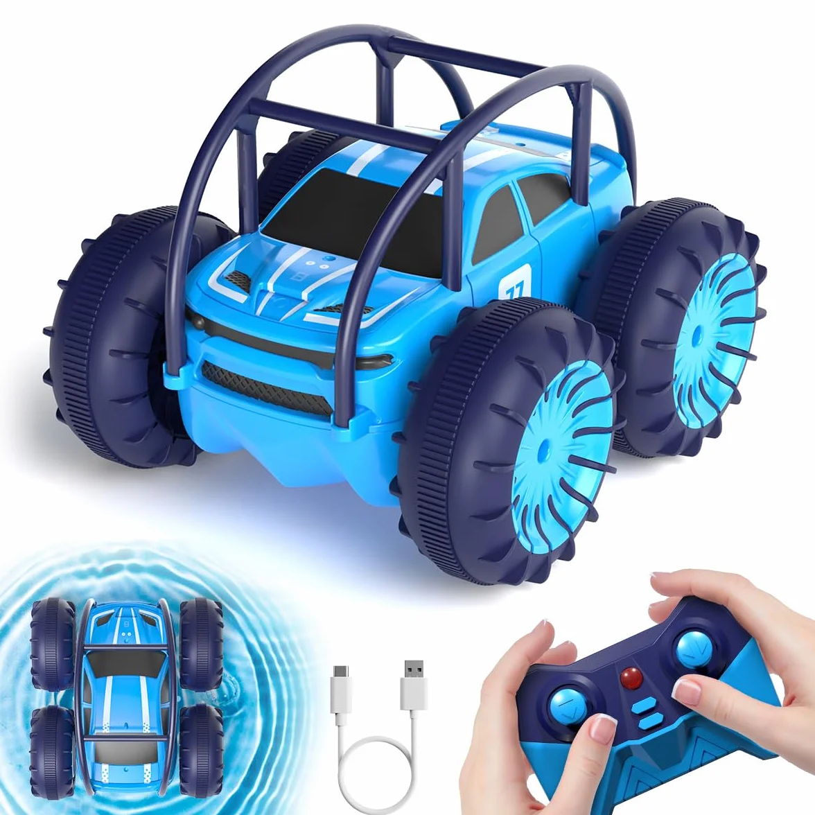 MaxTronic Coche Teledirigido Anfibio 2.4G 360° 15KM/H 4WD Acrobacias Todoterreno LED Ajustable para Niños 3-12 Años