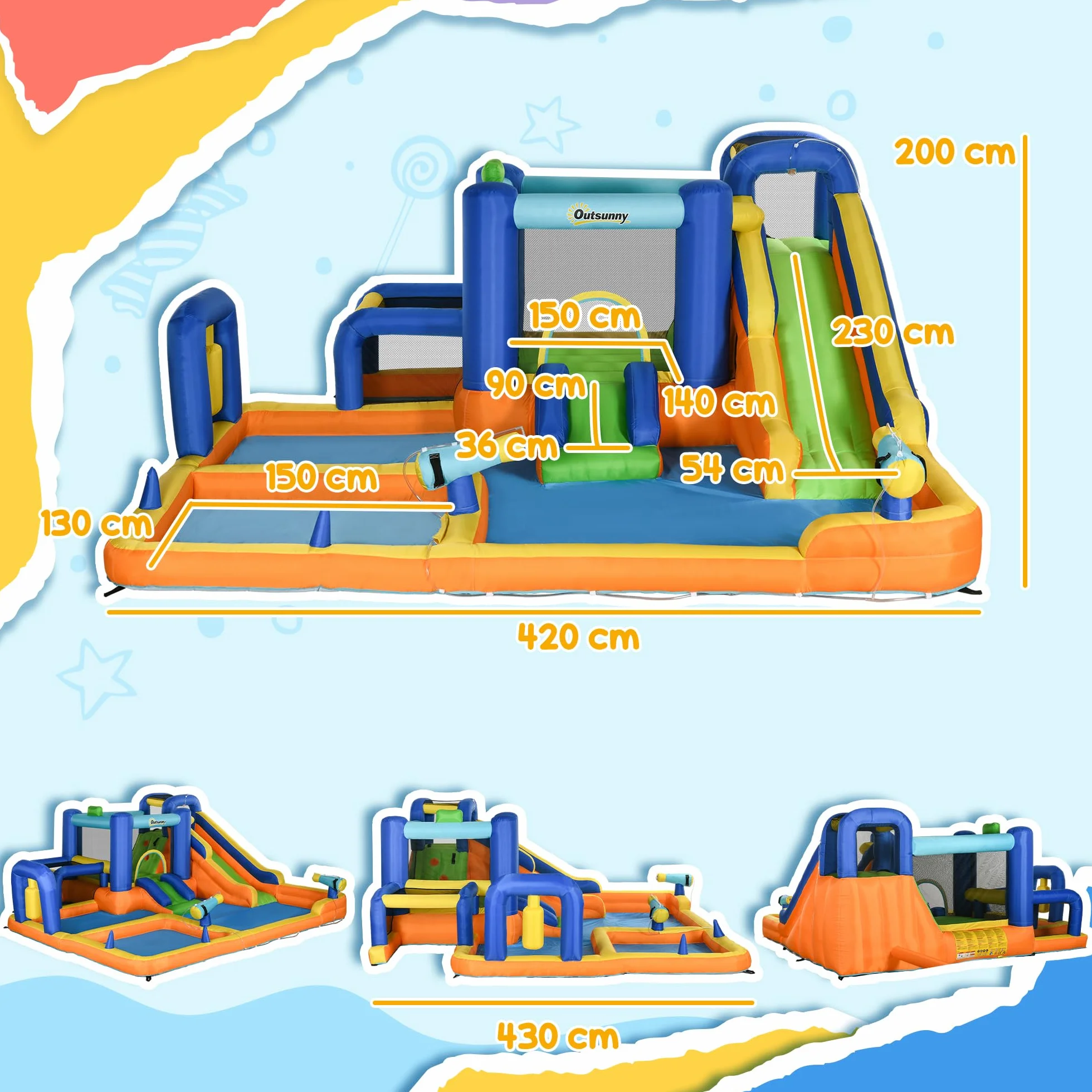 Outsunny Castillo Hinchable Infantil 7 en 1 Castillo Hinchable para Niños Parque Acuático con Tobogán Piscina Muro de Escalada Inflador y Bolsa de Transporte 430x420x200 cm Multicolor