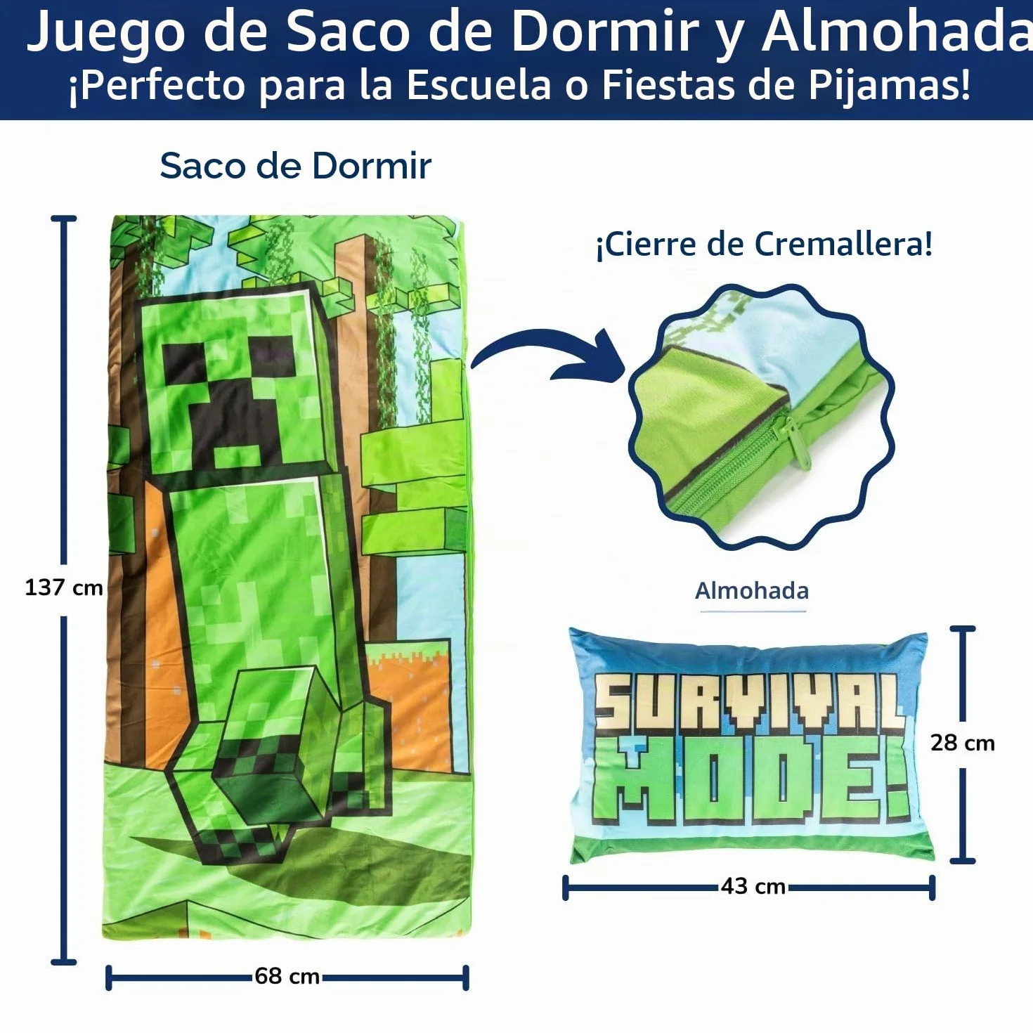 Set de 2 con Almohada y Manta de Creeper de Minecraft, Suave Saco de Dormir Infantil con Bolsa y Almohada, para Fiestas de Pijamas, Viajes y acampadas