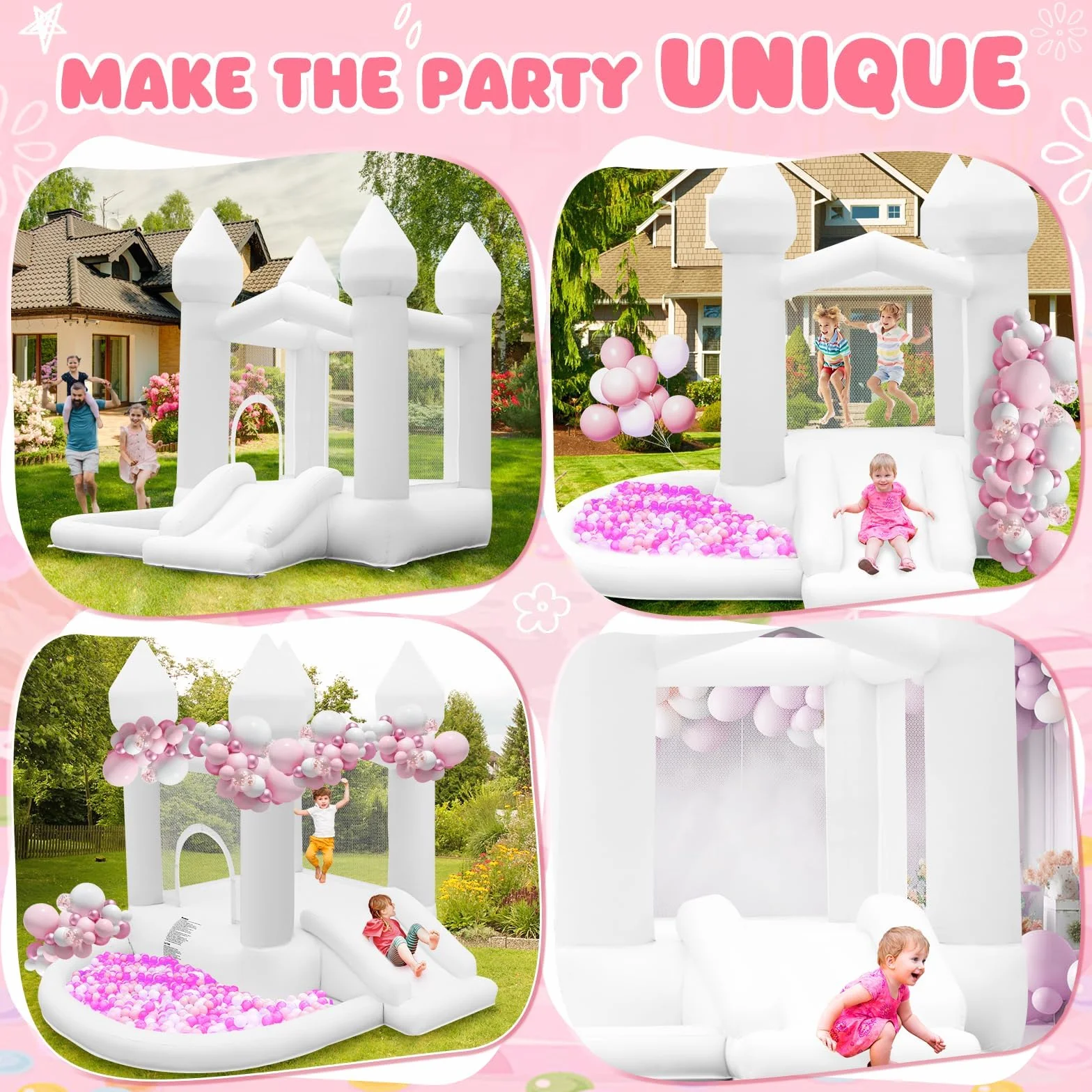 Castillo Hinchable Blanco para Niños con Soplador, Castillo Hinchable Interior Exterior con Tobogán, Trampolín, Gran Piscina de Bolas, para Boda Fiesta Cumpleaños, para 3-10 años, hasta 140 kg