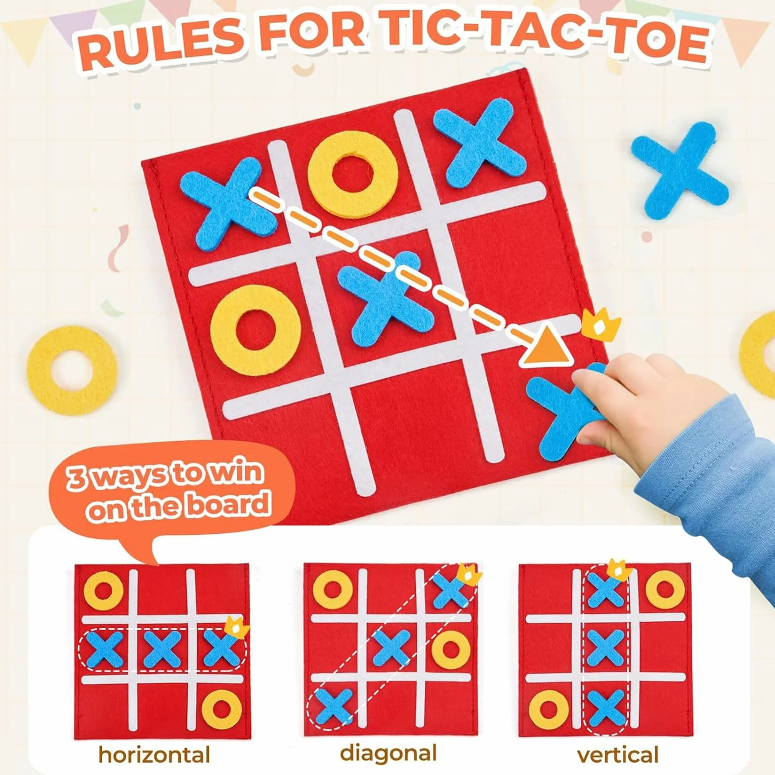 Juego de tres en raya de fieltro 6 piezas 12x12 cm portátil para niños rojo amarillo azul