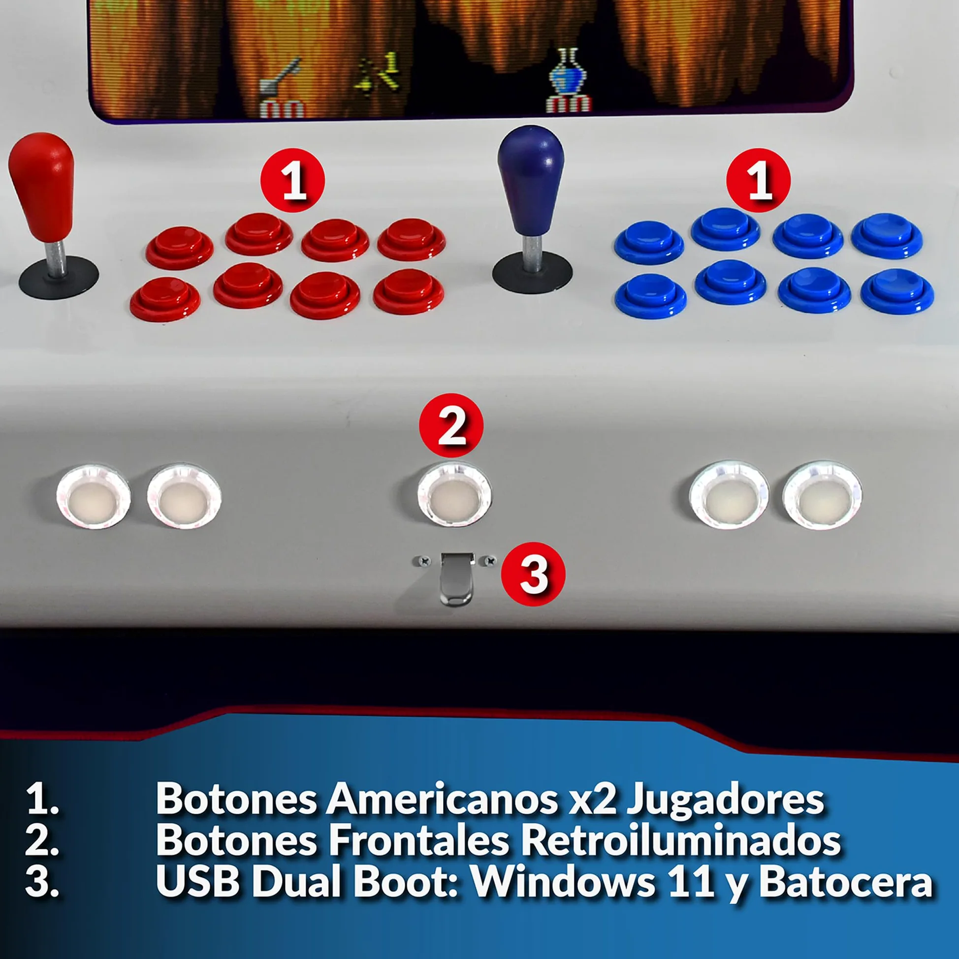 Arcade recreativa, Construida en Acero, 8 Botones Arcade de Tipo Americano, Intel N100 16GB RAM y 256GB SSD, Dual Boot Windows 11 y Batocera, Podrás añadir tu Propia librería Steam, Modelo Blanco