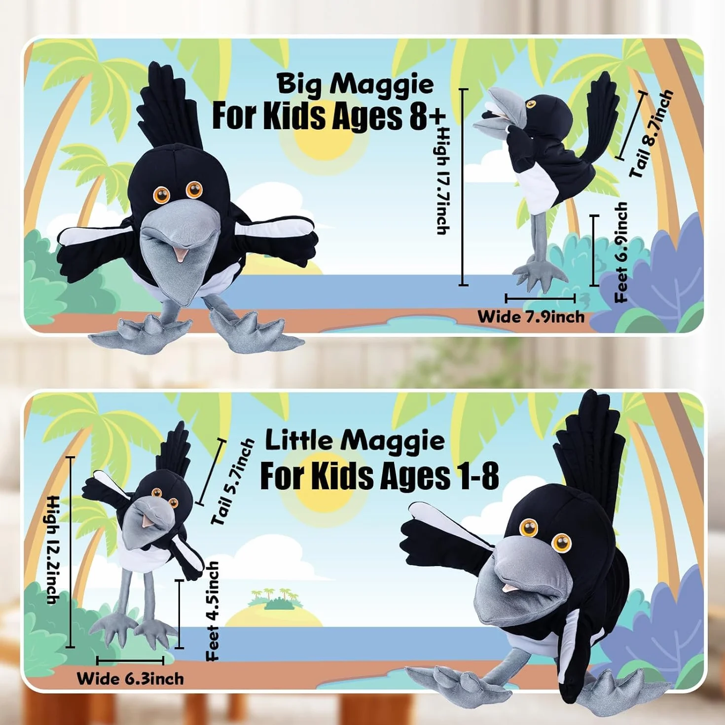 Muñeco de peluche Steve y Maggie – Marioneta de mano Maggie la Urraca para niños a partir de 1 año, suave marioneta de pájaro para juegos de rol, canciones infantiles y aprendizaje (PEQUEÑO)