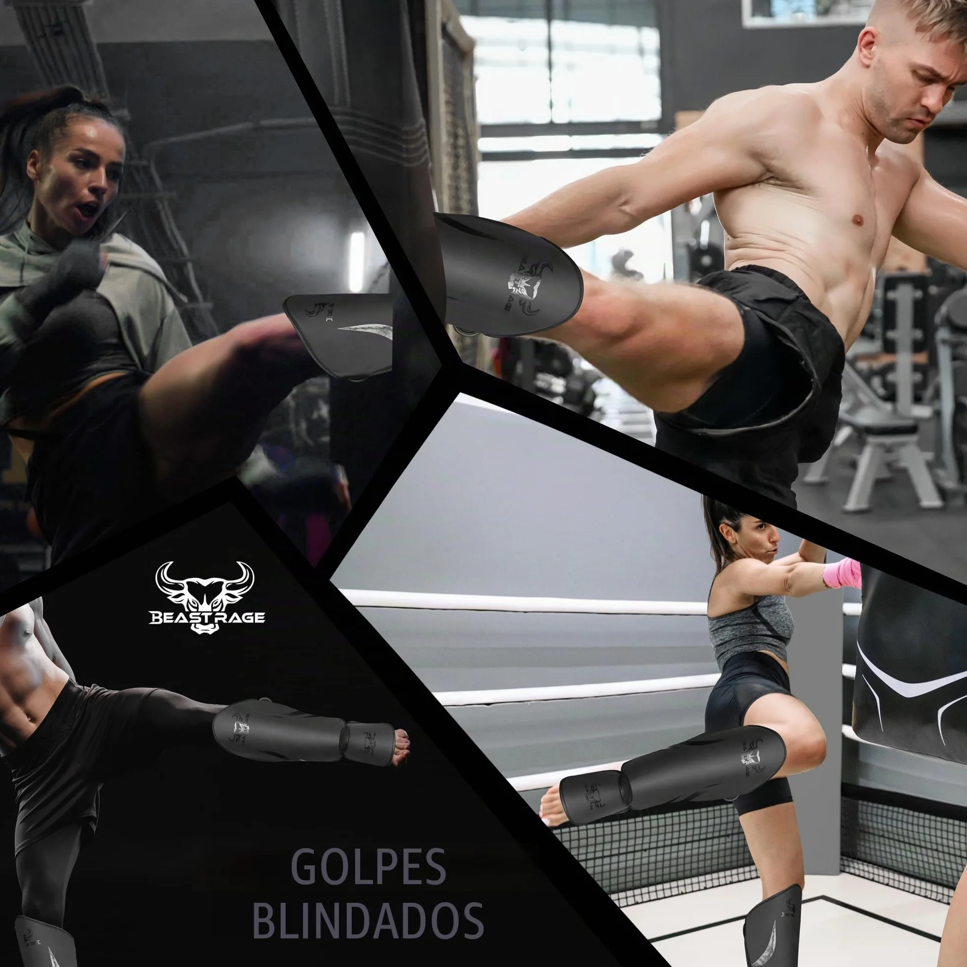 Bestia Rage Protector Tibias Muay Thai MMA Kickboxing Artes Marciales Ajustable Alto Impacto