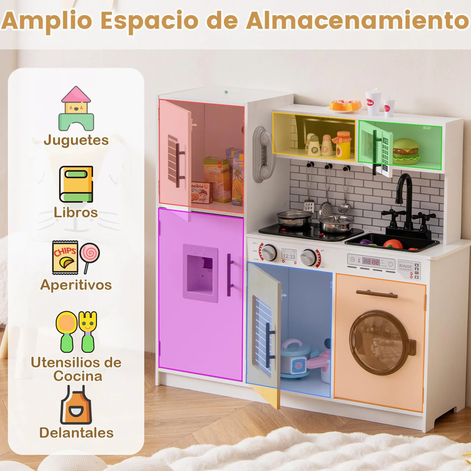 COSTWAY Cocina Juguete para Niños, Cocinita de Madera Infantil con Horno, Lavadora, Microondas, Dispensador de Agua, Teléfono, Sonidos y Luces Reales, Cocinita Infantil para Niños de 3+ Años (Blanco)