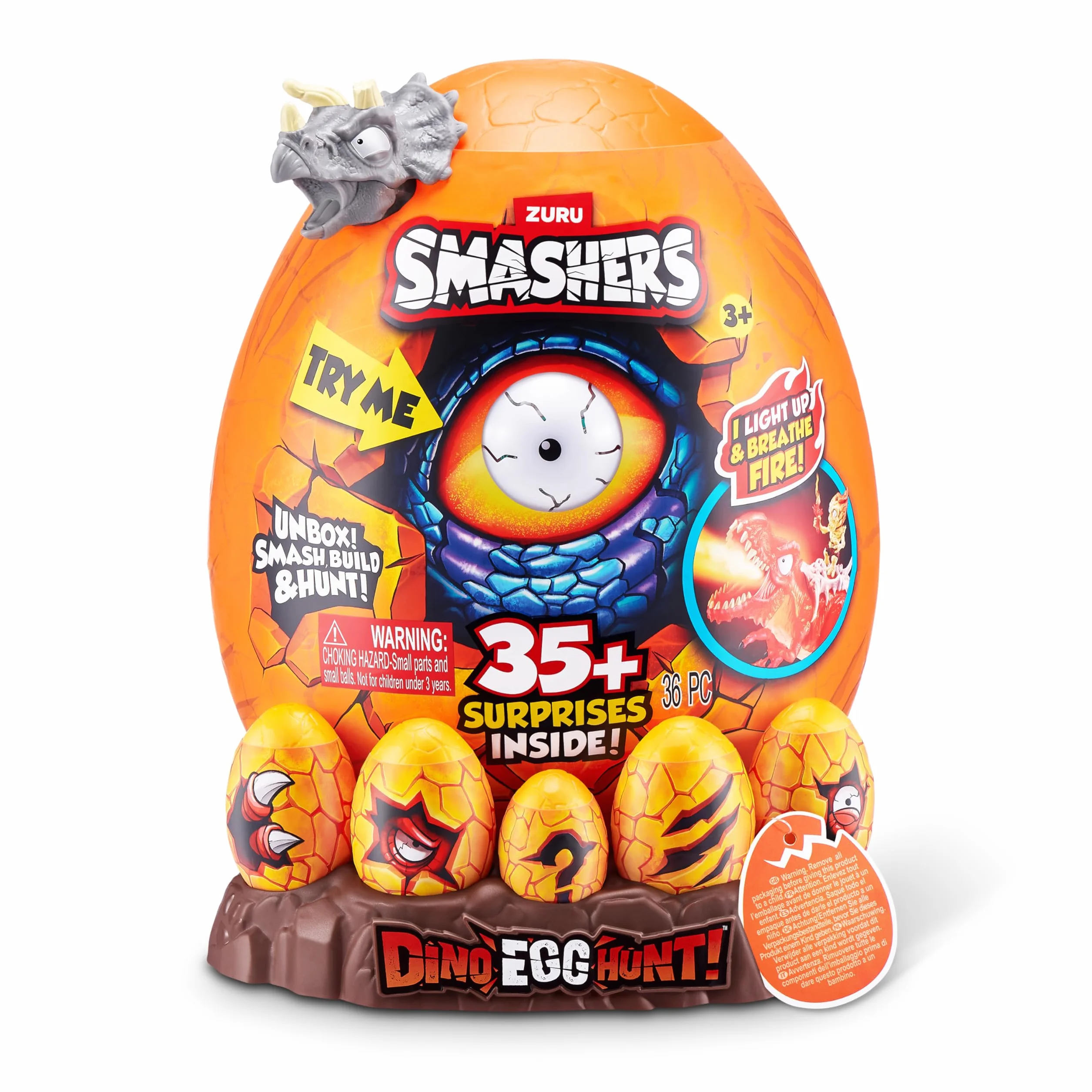 ZURU Smashers Dino Egg Hunt Dinosaurio Luminoso Que Escupe Fuego Giganotosaurus Juguete Coleccionable