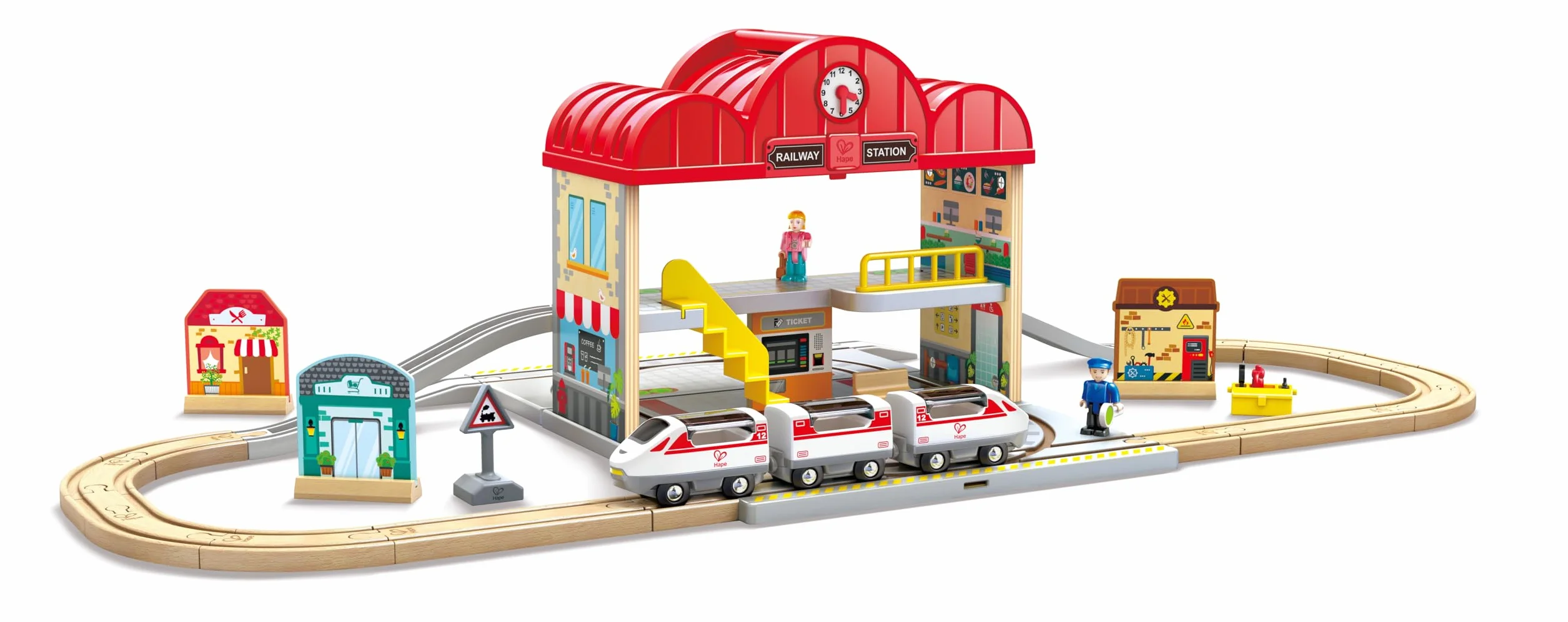 Estación de Tren de Madera portátil de Hape | Juego de Tren para niños | Vías, estación y Personajes | Fácil de Transportar