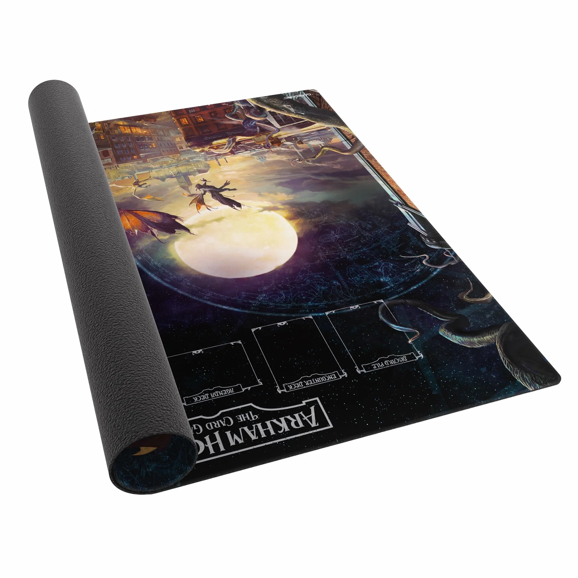 Gamegenic Arkham Horror: Center Game Mat, Tapete de Juego Premium 70x70 cm, Diseño Oficial 1 a 4 Jugadores, Zonas Delimitadas para Cartas, Bordes Cosidos, Superficie Antideslizante de 2 mm