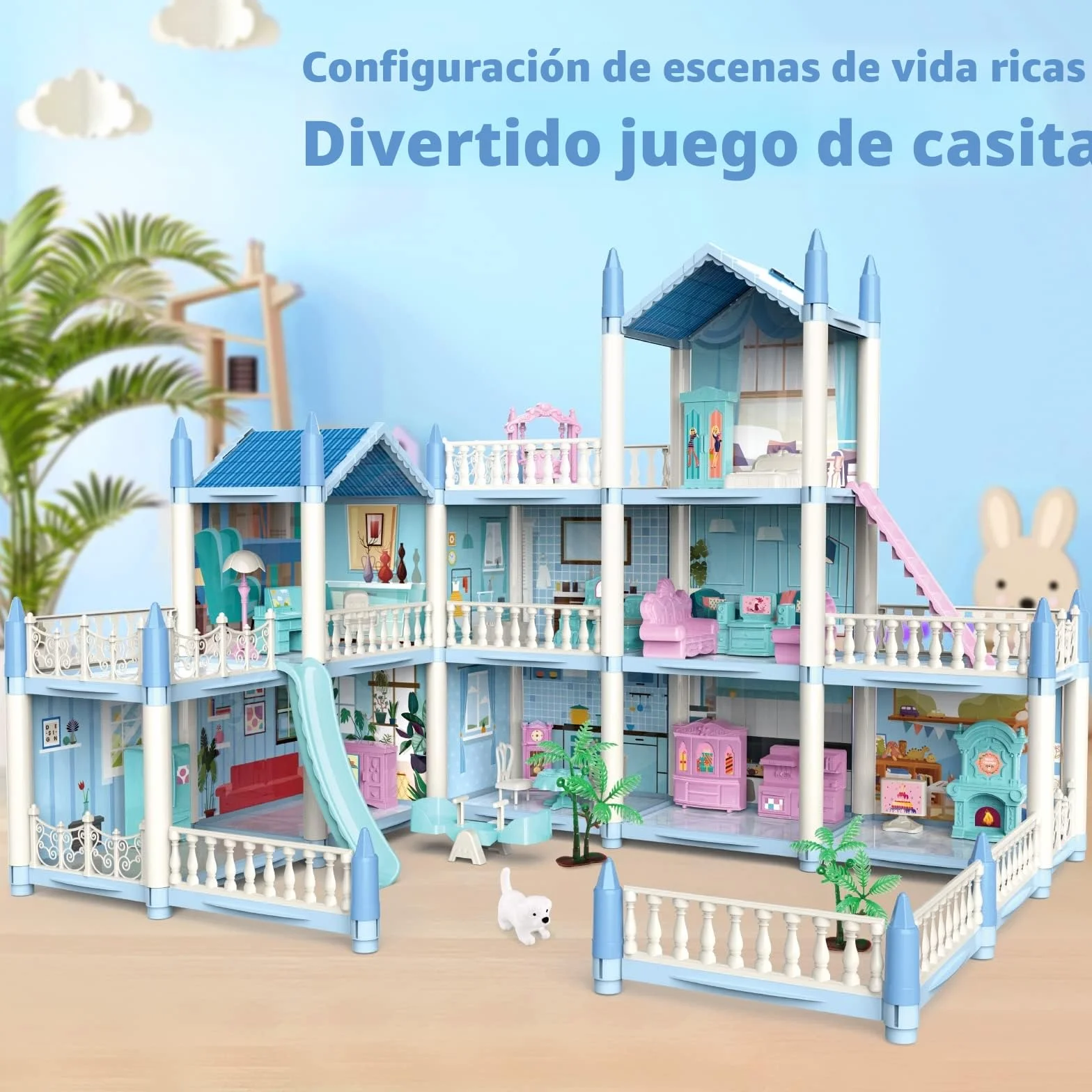 deAO Casa de Muñecas Villa para Niñas, 3 Pisos Casa de Muñecas de Ensueño con Muebles y Toboganes, Escaleras, Vallas, Perro Muñeco, Princess Castle Playset, Regalo para Niñas de 6+ Años (Azul)