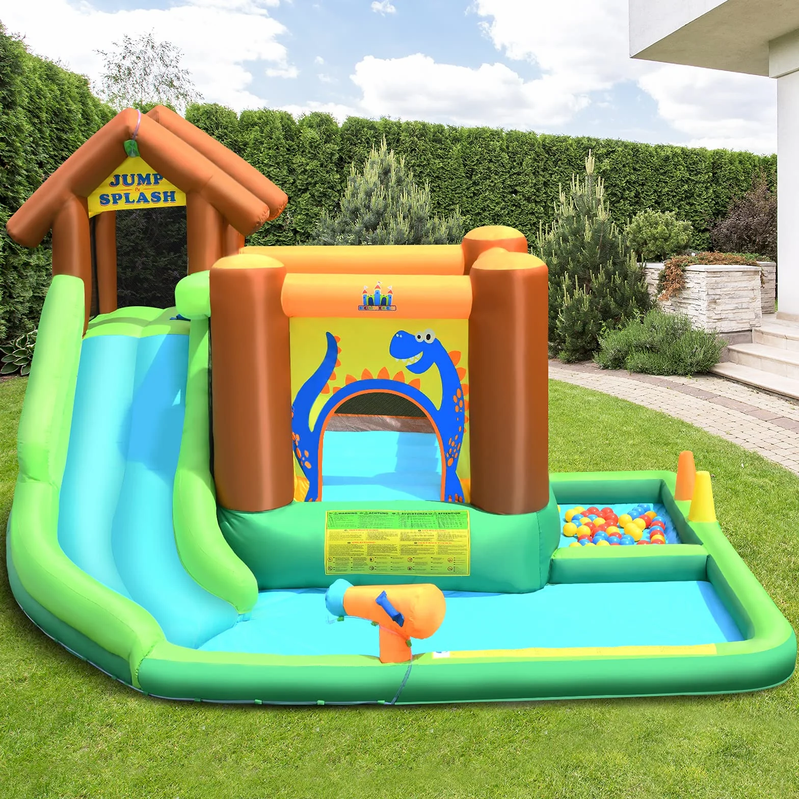 COSTWAY Parque Acuático Inflable con Tobogán, Tobogán Inflable en Tejido Oxford con Piscina Pared para Escalar Hidrante de Agua Casita Piscina con Pelotas, con Compresor
