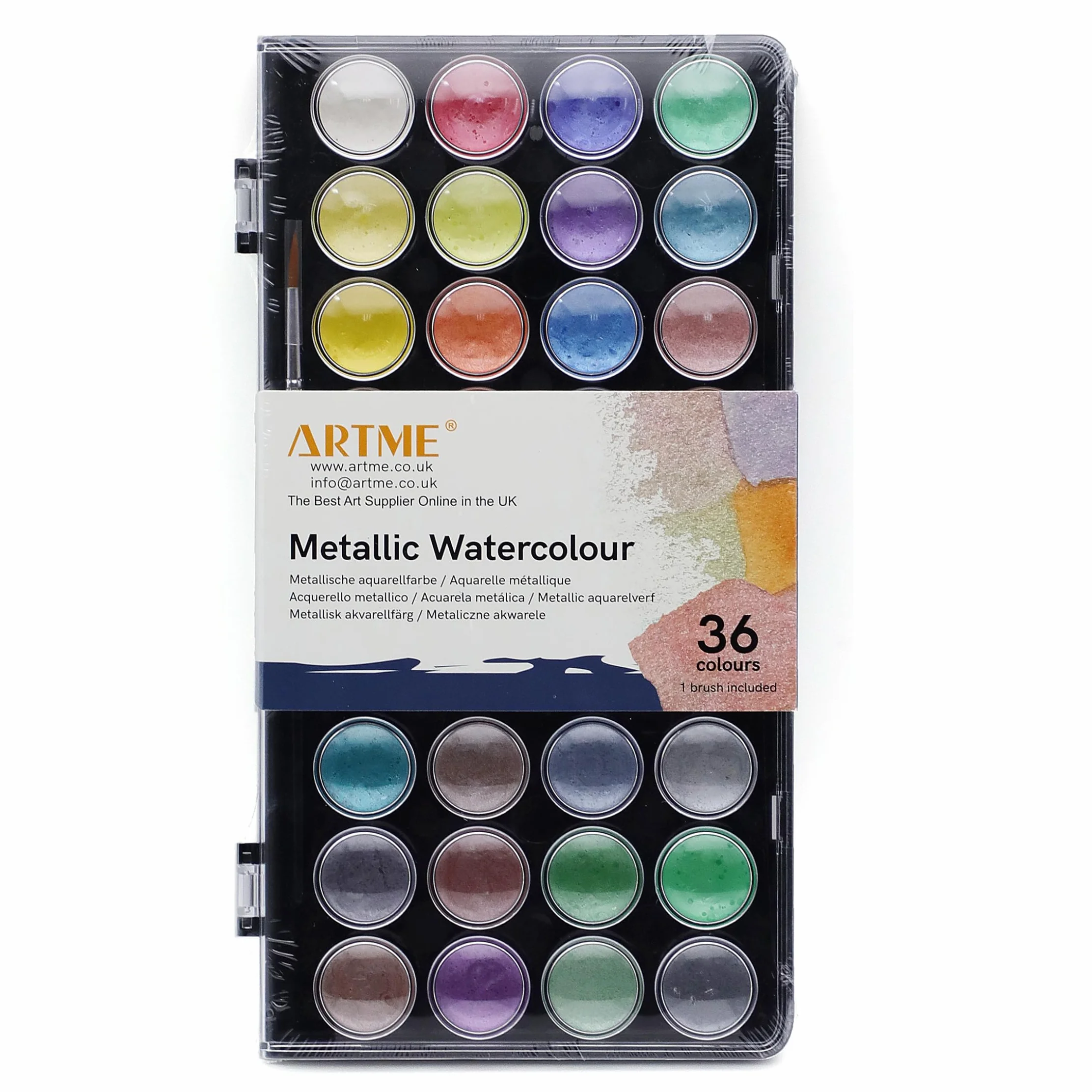 Artme Acuarelas/Paletas metálicas para pasteles de pintura de acuarela con un pincel de artista, 36 colores vibrantes