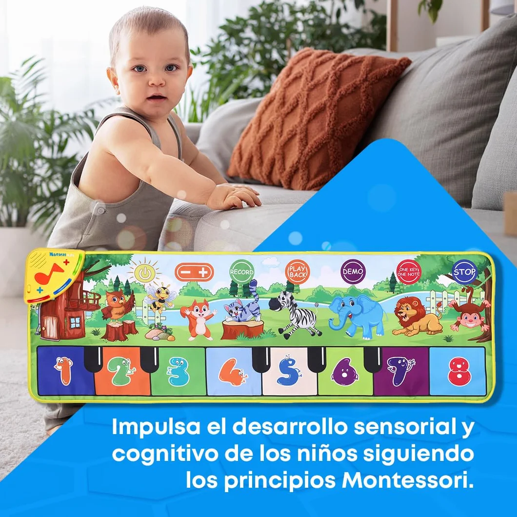 NK Alfombra Musical para Bebé con 8 Sonidos de Animales LED - Piano Infantil Juguete para Niños 3 4 5 años, Regalo Original Montessori Cumpleaños Navidad, Plegable, Función Record/Playback (110x36cm)