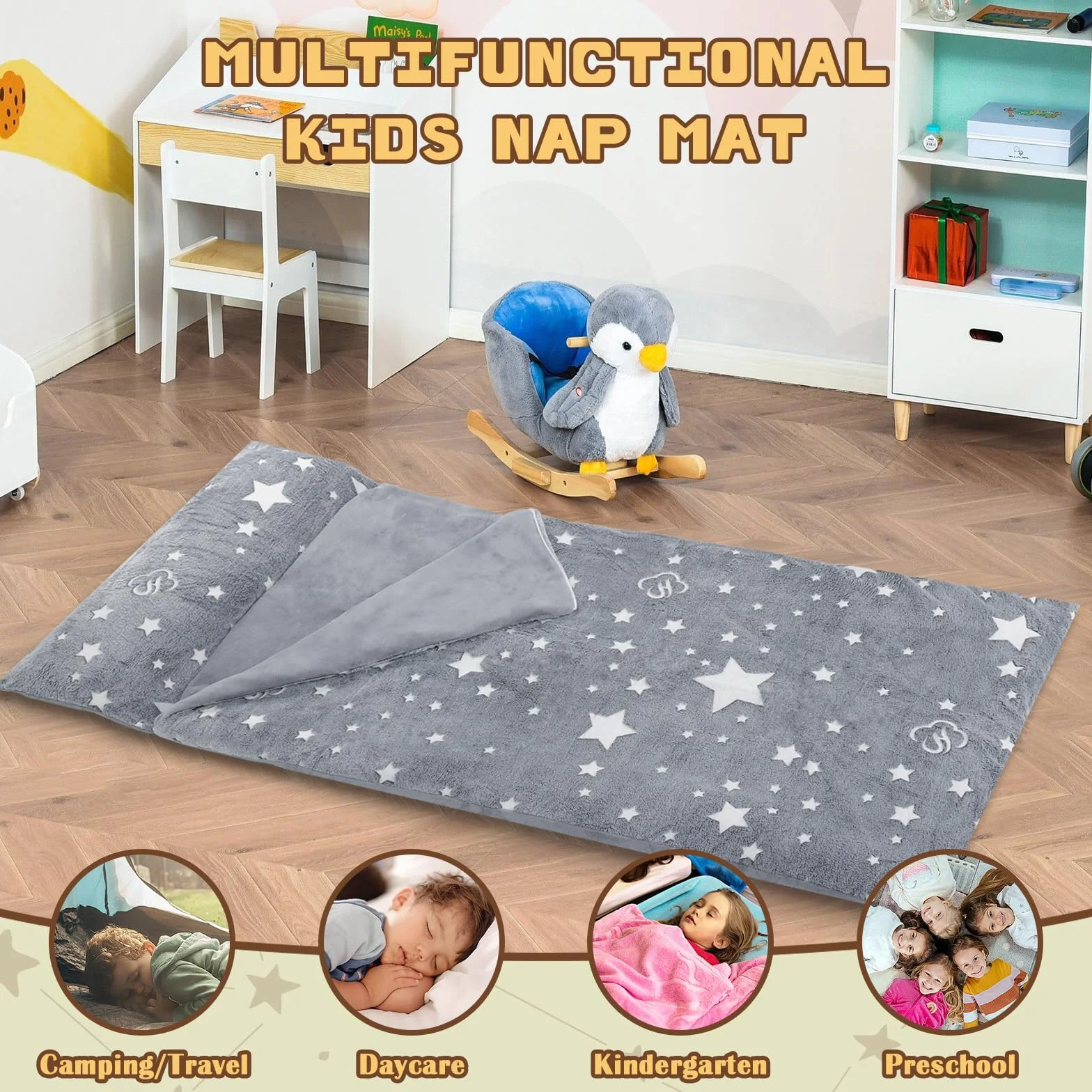 Decalsweet Cálida Alfombrilla de Siesta para Niños Pequeños con Almohada Extraíble, Saco de Dormir Luminoso Plegable para Niñas y Niños, Bolsa de Dormir con Cremallera para Camping Siesta, 170×75cm
