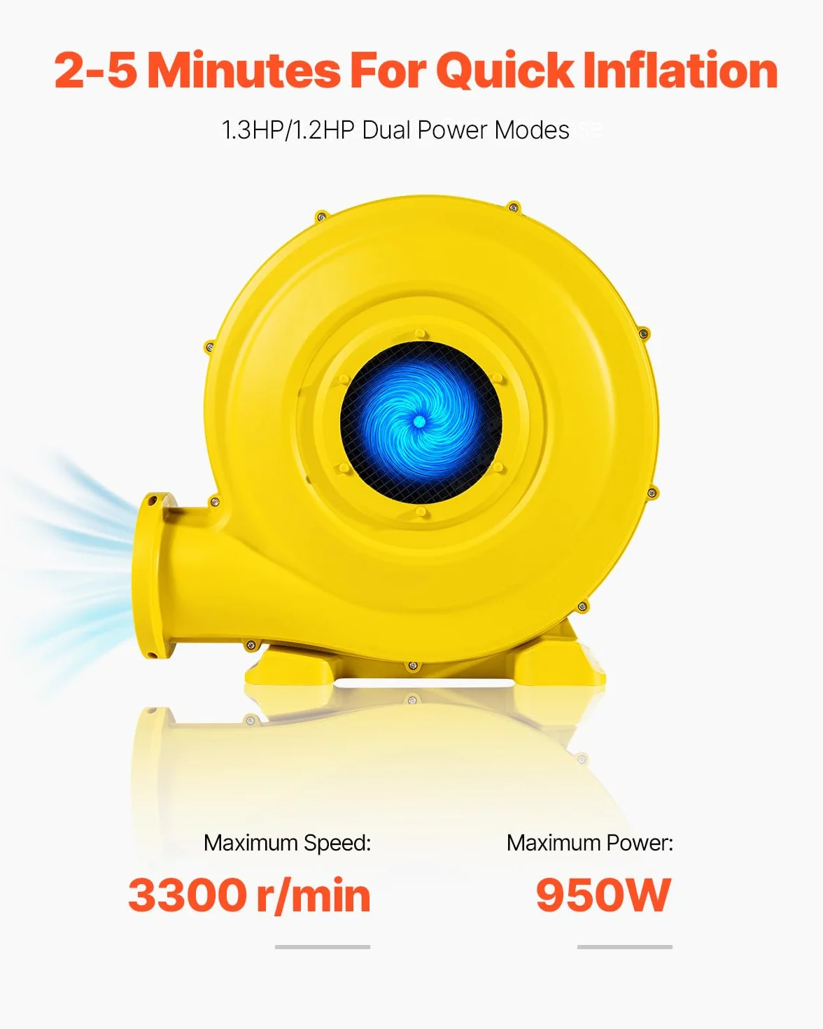 VEVOR Soplador de Aire para Castillos Inflables, 870 W y 950 W, 1,3 HP, Bomba Comercial, Ventilador Eléctrico 3300 RPM, Castillos Inflables, Toboganes de Agua, Amarillo, 420 x 240 x 420 mm