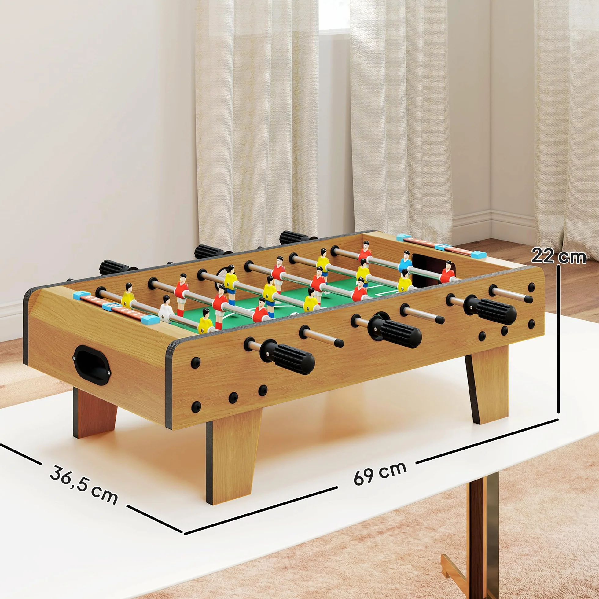 HOMCOM Futbolín de Mesa, Cuerpo Madera Resistente, Juego Mesa de Fútbol con 18 Jugadores, 2 Bolas, 6 Asas y 2 Marcadores de Puntos para 2-4 Personas, 70x37x22 cm, para Niños de 6+ Años y Adultos