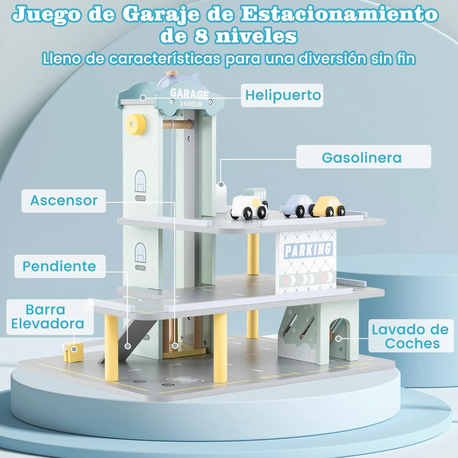 COSTWAY Parking Infantil de 3 Plantas, Garaje de Juguete de Madera con 4 Autos, Helipuerto, Gasolinera, Elevador, Lavado de Autos y Varilla Elevadora, Juguetes Educativos de Roles para Niños