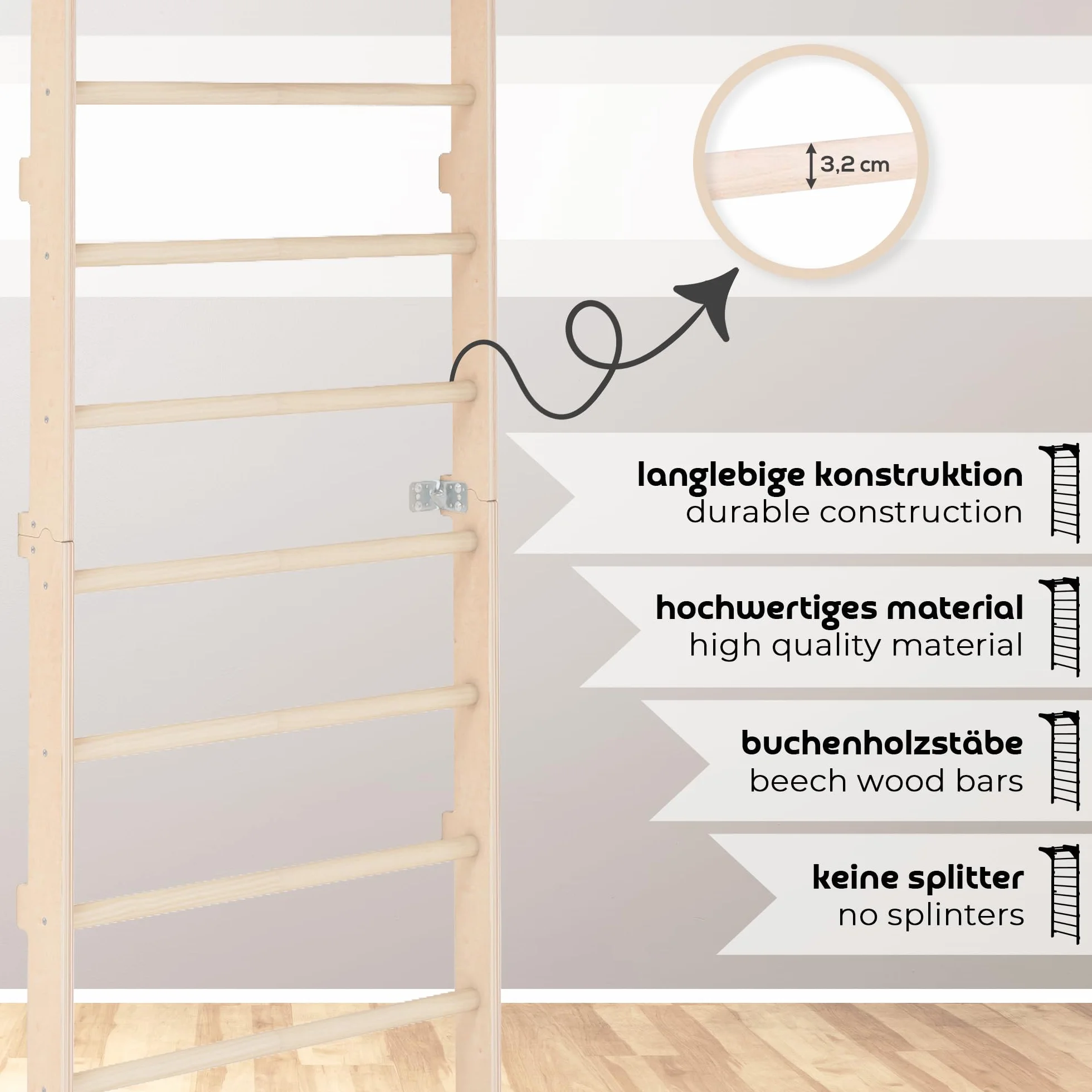 MAMOI Pared de Escalada de Madera con Barra de dominadas 230 cm, Dispositivo de Fitness Multifuncional