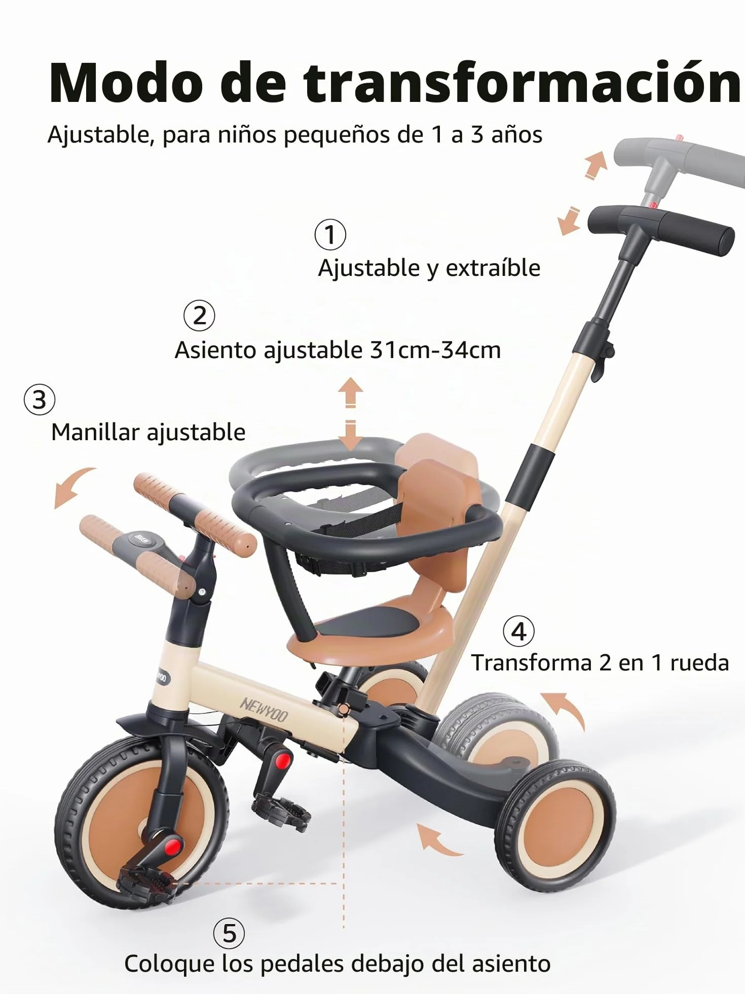 newyoo TR008 Triciclo Evolutivo 5 en 1 para Niños 1-3 Años con Barra de Seguridad y Varilla de Empuje, Regalo de Cumpleaños para Niños y Niñas, Bicicleta de Equilibrio y Juguete Montable, Caqui