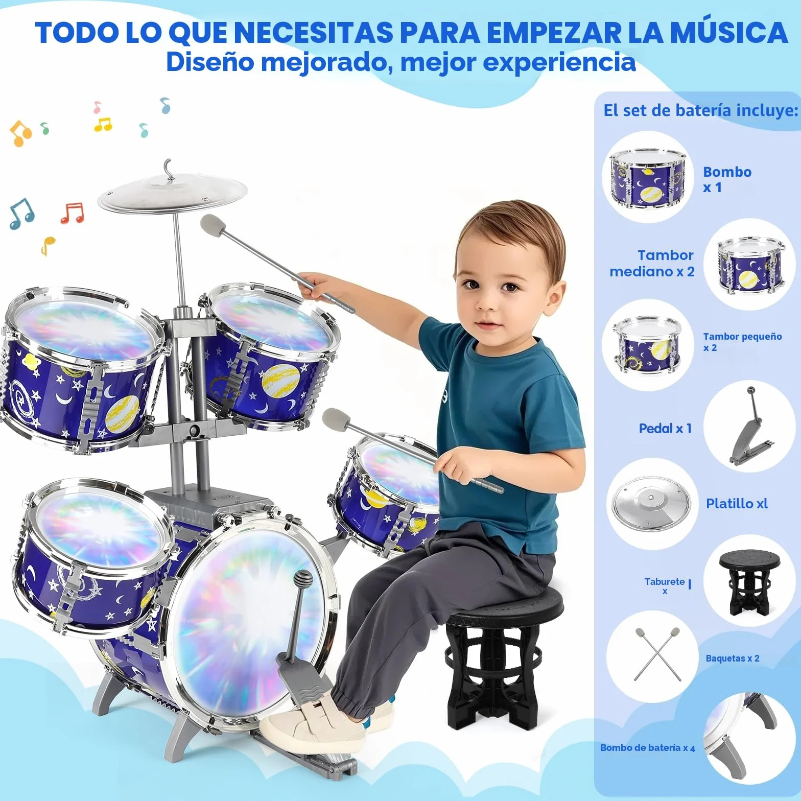 Bateria Infantil Musicales Niños con Luces y Kit de Tambores, Jazz Tambores con Taburete, Instrumentos Educativos para Niños 2-6 Años