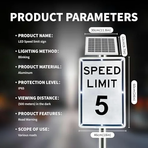 Señal de límite de velocidad LED solar de 18 x 24 pulgadas, advertencia de tráfico de alta visibilidad, impermeable IP65, aluminio duradero, fácil montaje para uso en exteriores, seguridad vial