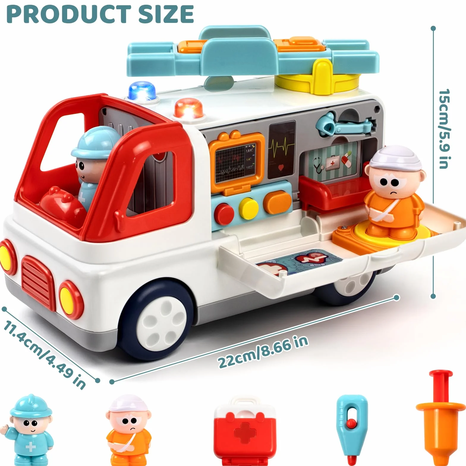 Juguete de ambulancia para niños a partir de 1, 2, 3 y 4 años con sonido ligero, ambulancia Montessori con figuras de accesorios médicos, muchas funciones juguetes educativos vehículos, regalos para