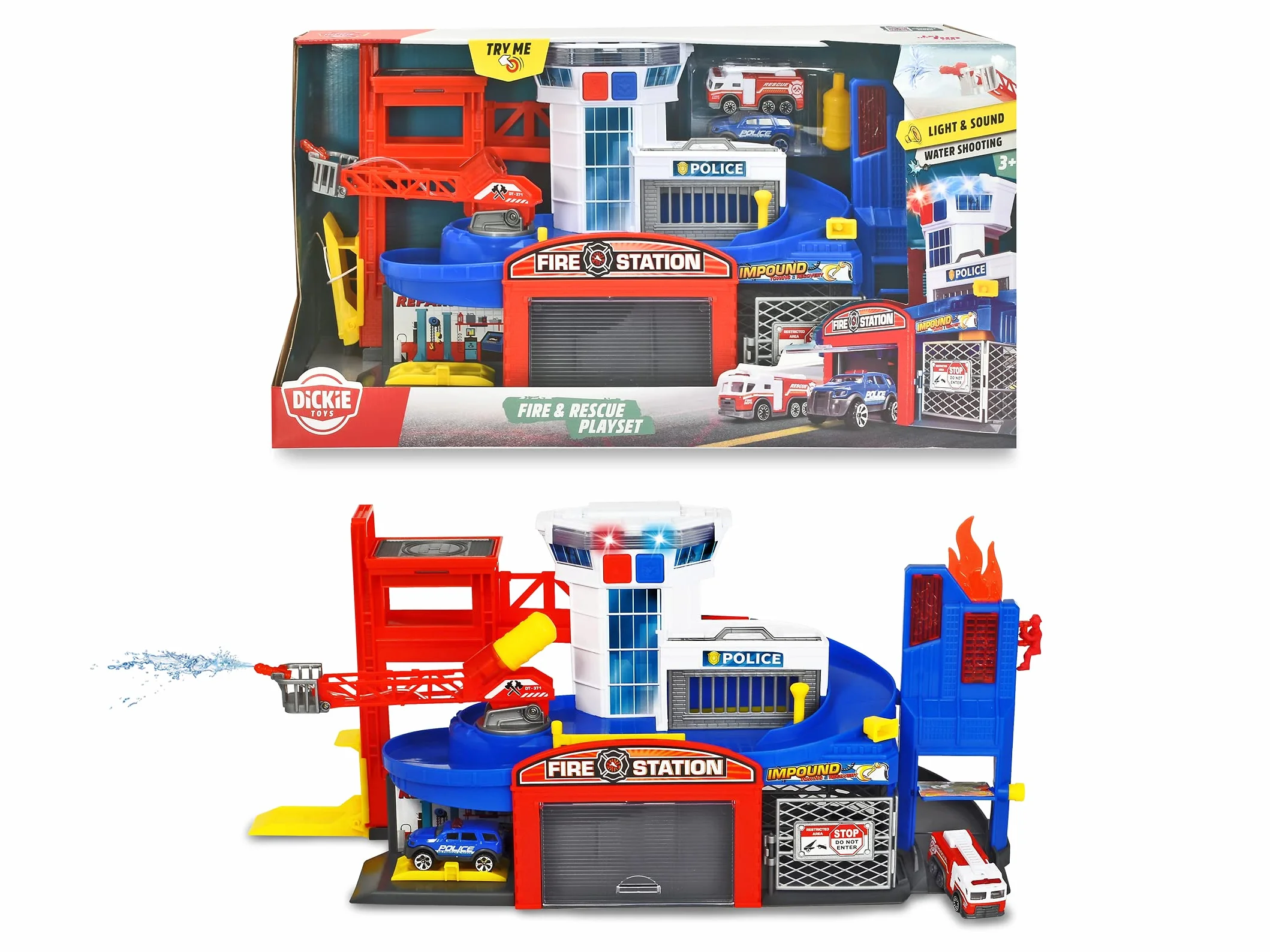 Dickie Toys Aparcamiento de Bomberos y policía con 2 Coches de Juguete con Elevador, luz Azul, Sirena, función de Fuego, para niños a Partir de 3 años