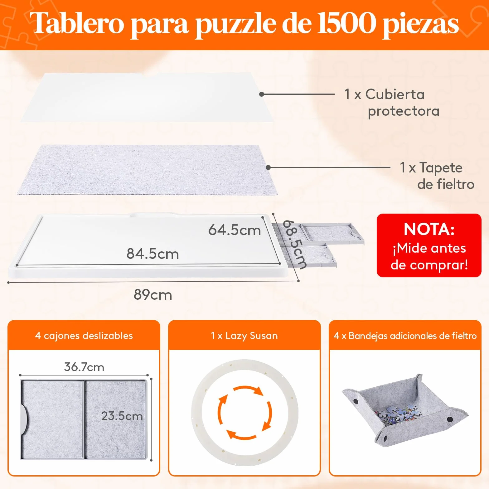 Lifewit 1500 PCS Puzzle Board con Soporte Inclinado, Tabla de Rompecabezas con 4 Cajones and Tapas, Multifuncional Plástico Tablero Puzzles Giratorio de 360°, 89 x 68.5cm, Blanco