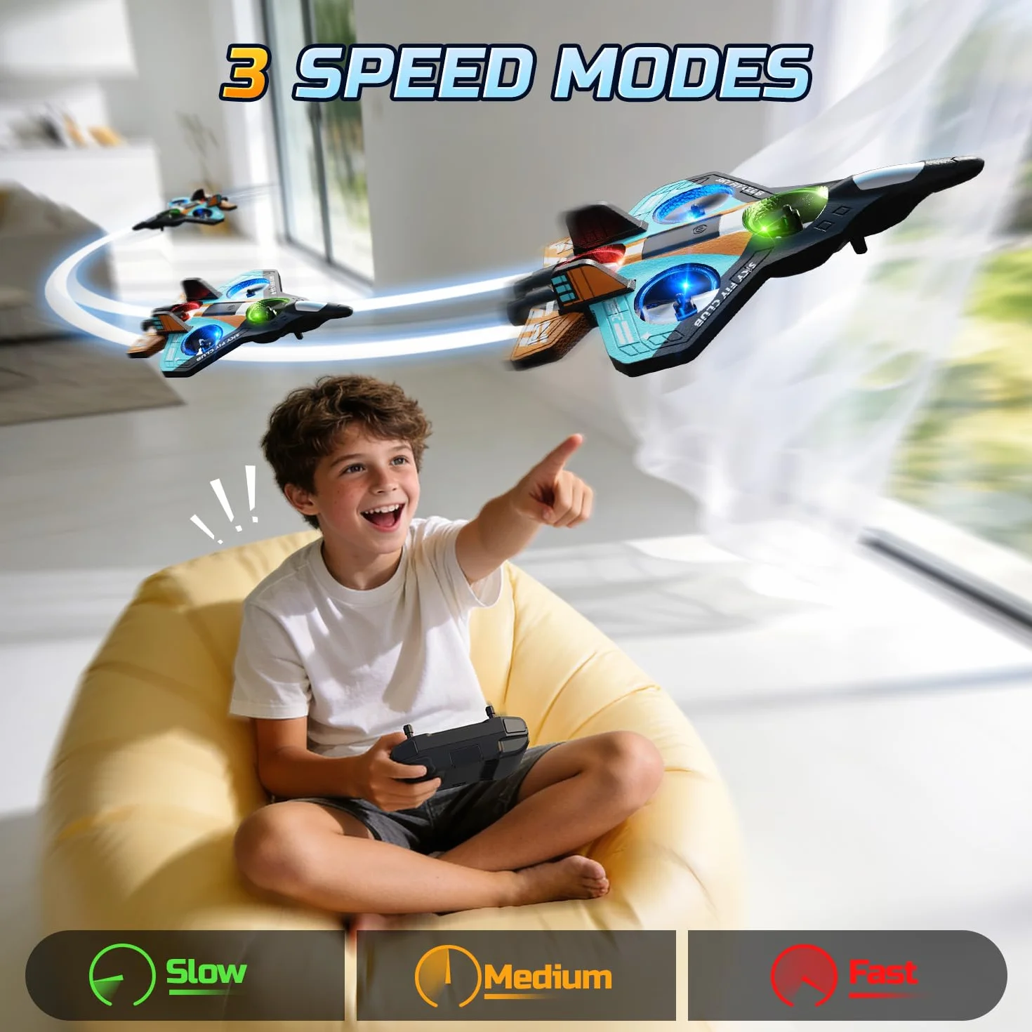 DEERC Avión de espuma RC para niños, avión teledirigido con altitud, volteos 3D y luces LED, 2 baterías, avión teledirigido para principiantes para niños y niñas (azul y naranja)