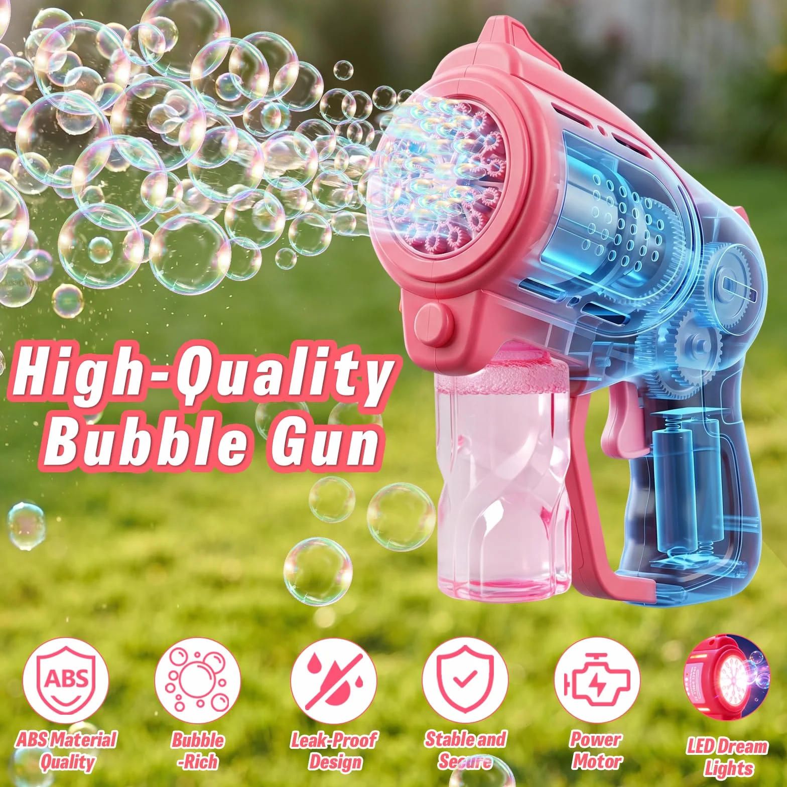 2 Piezas Pistolas de Burbujas para Niños, pompas de jabon niños con 2 x 100ml Solución de Recarga de Burbujas e Lámpara LED, Juguete de Verano para Actividades al Aire Libre, Fiestas y Bodas