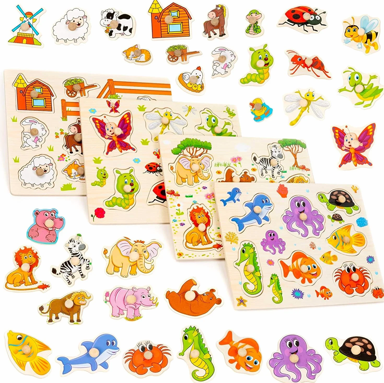 THE TWIDDLERS Set de 4 Puzles de Madera para Bebés Juguetes Educativos Montessori con Tiradores