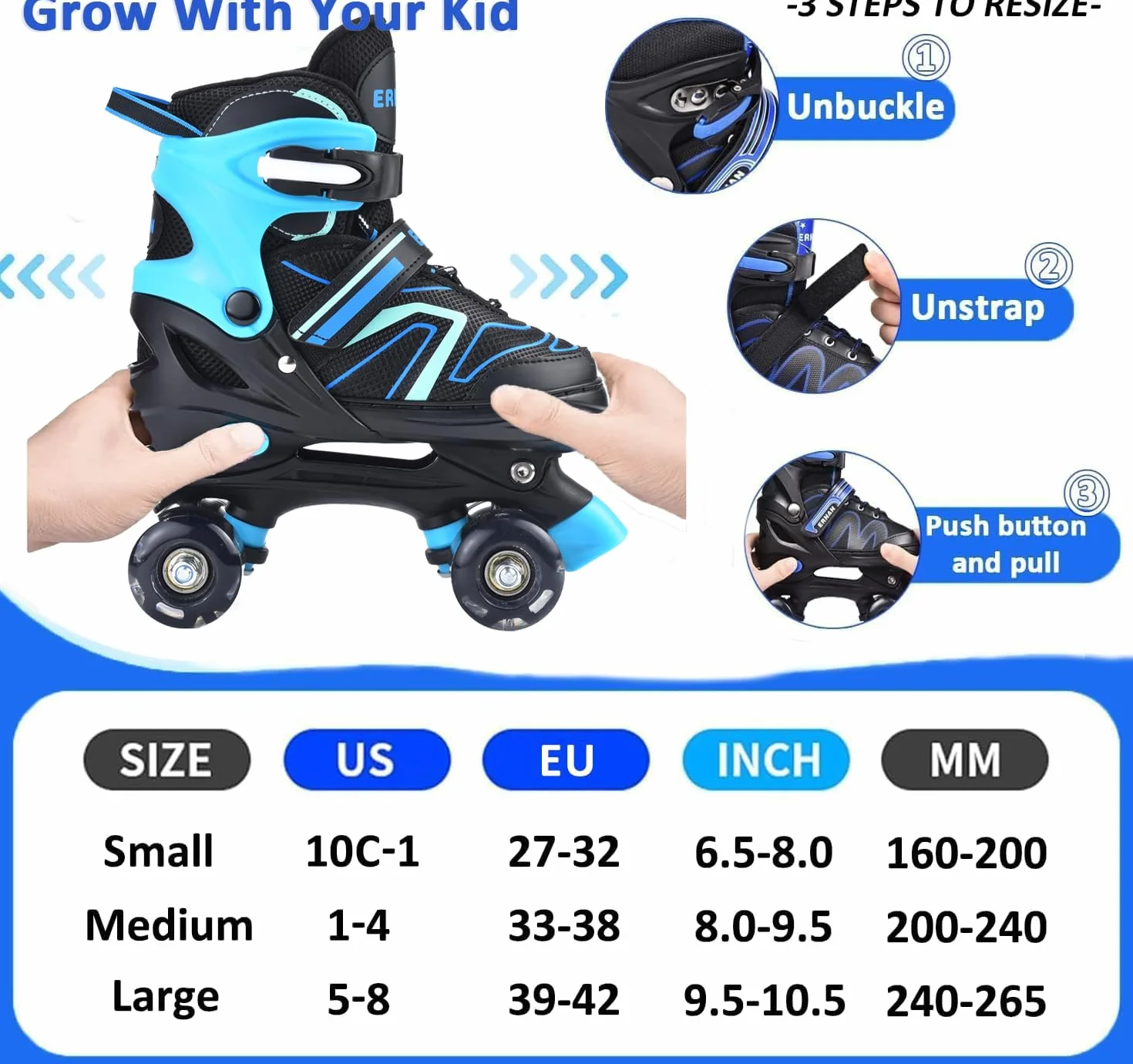 ERNAN Patines 4 Ruedas Ajustables Brillan Oscuridad Niños Principiante Regalo