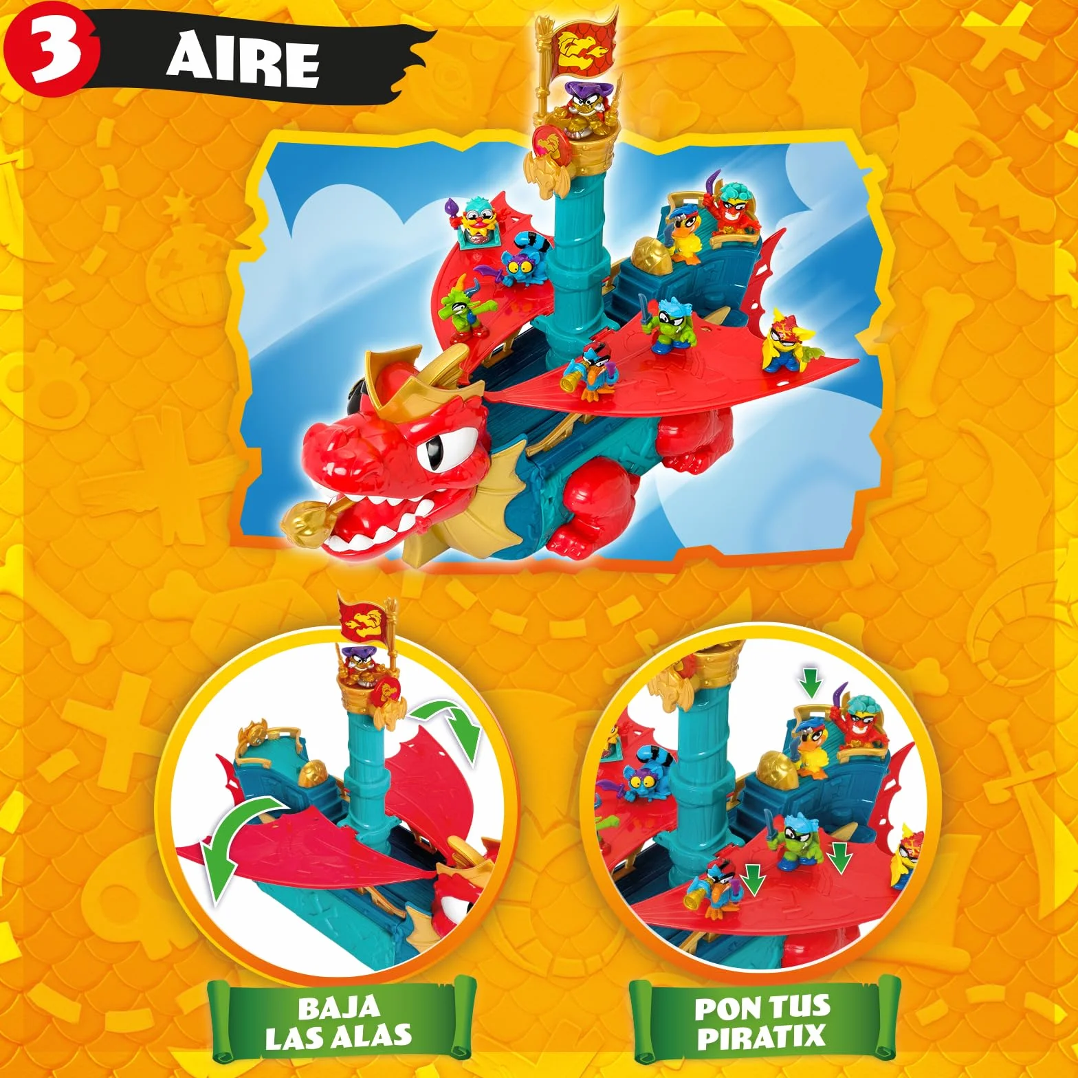 PIRATIX Dragon Ship – Barco Dragón de Piratix Todo Terreno 3 en 1: Tierra, Mar y Aire. Contiene 1 Barco Dragón, 1 Piratix Exclusivo, 1 Tesoro Exclusivo, 1 Bandera y 1 proyectil