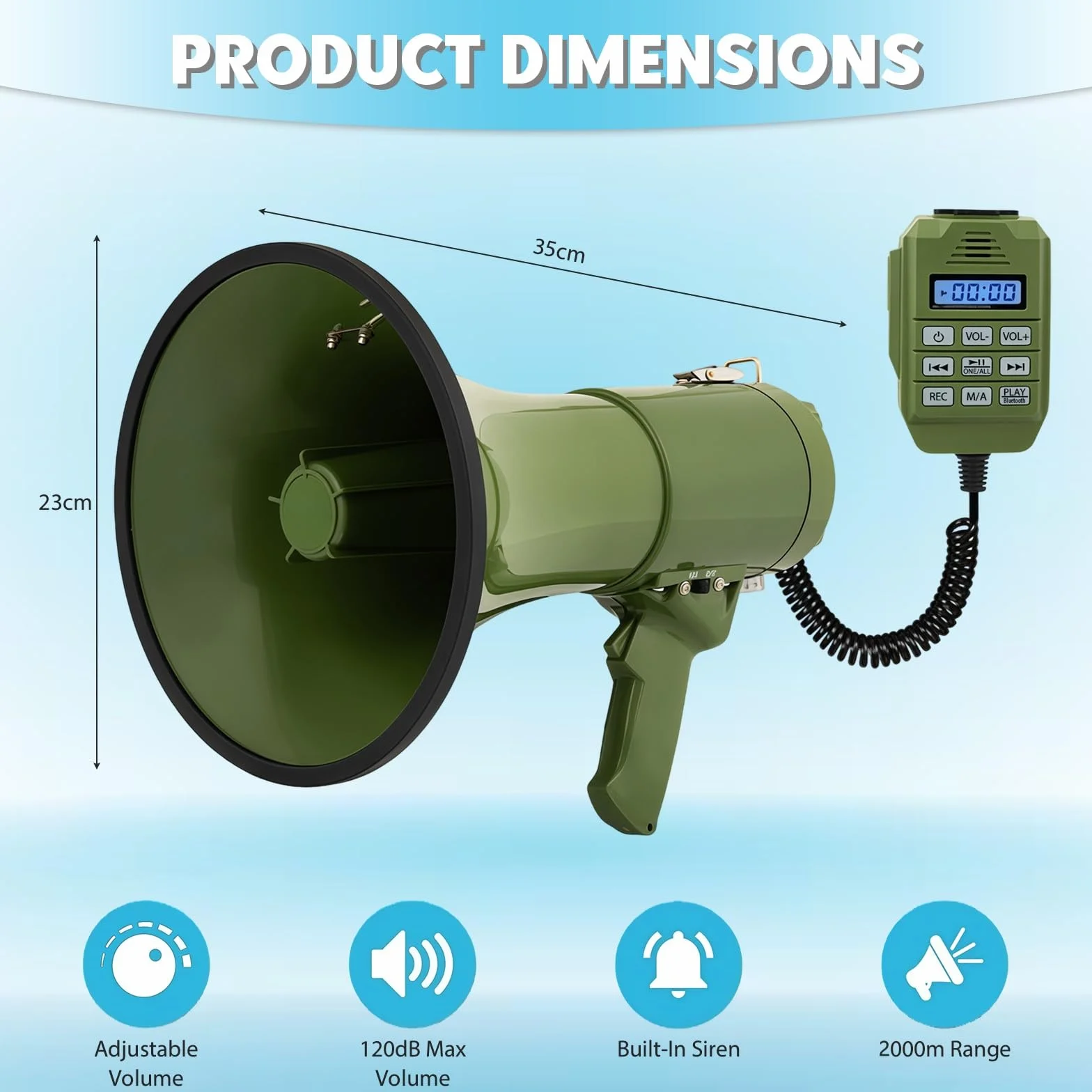 Megáfono Transportable con Sirena, Micrófono, Grabación y Bluetooth, 2 Métodos de Alimentación