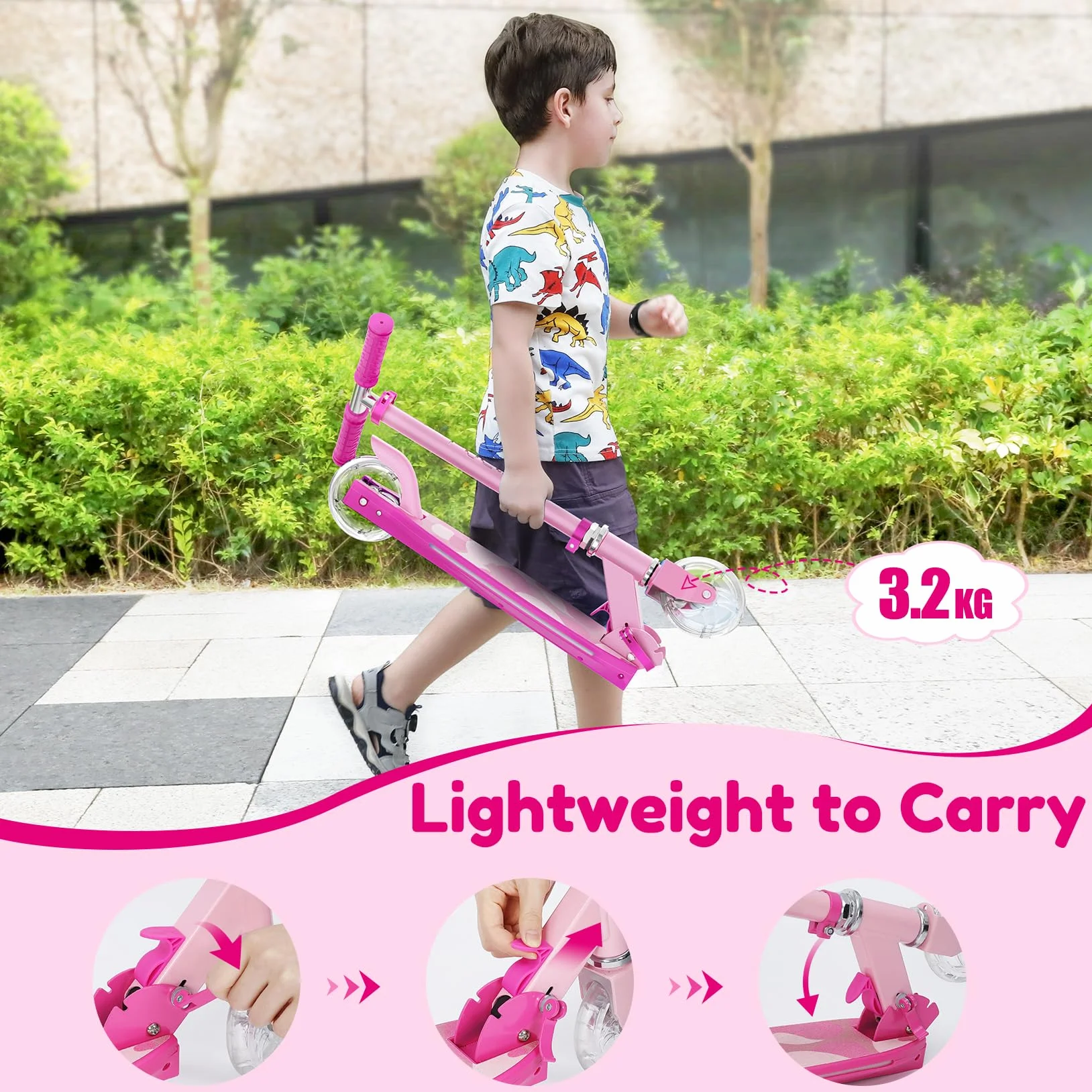 TONBUX Patinete Niños de 5 a 12 Años, Patinete Niños con Poste de Iluminación Fresco, Ruedas y Plataforma, Patinete de Altura Ajustable de Nivel 4, Patinete Ligero Plegable