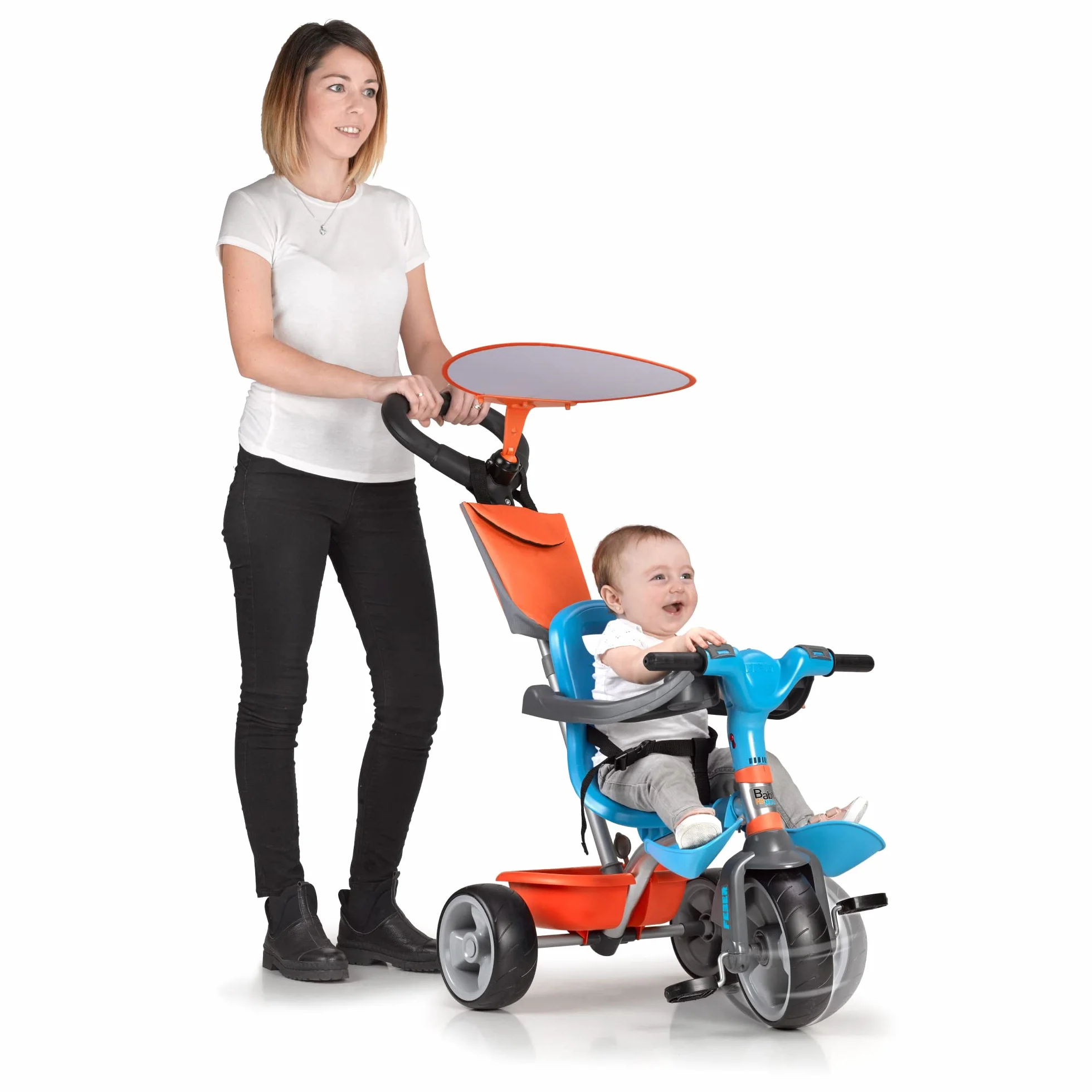 FEBER - Baby Plus Music, Triciclo para Niños con Estructura Metálica y Cinturón de Seguridad, 2 Posiciones, Silla de Empuje y Mando para Música con Altavoz, 9 Meses+, Azul, Famosa (800012100)
