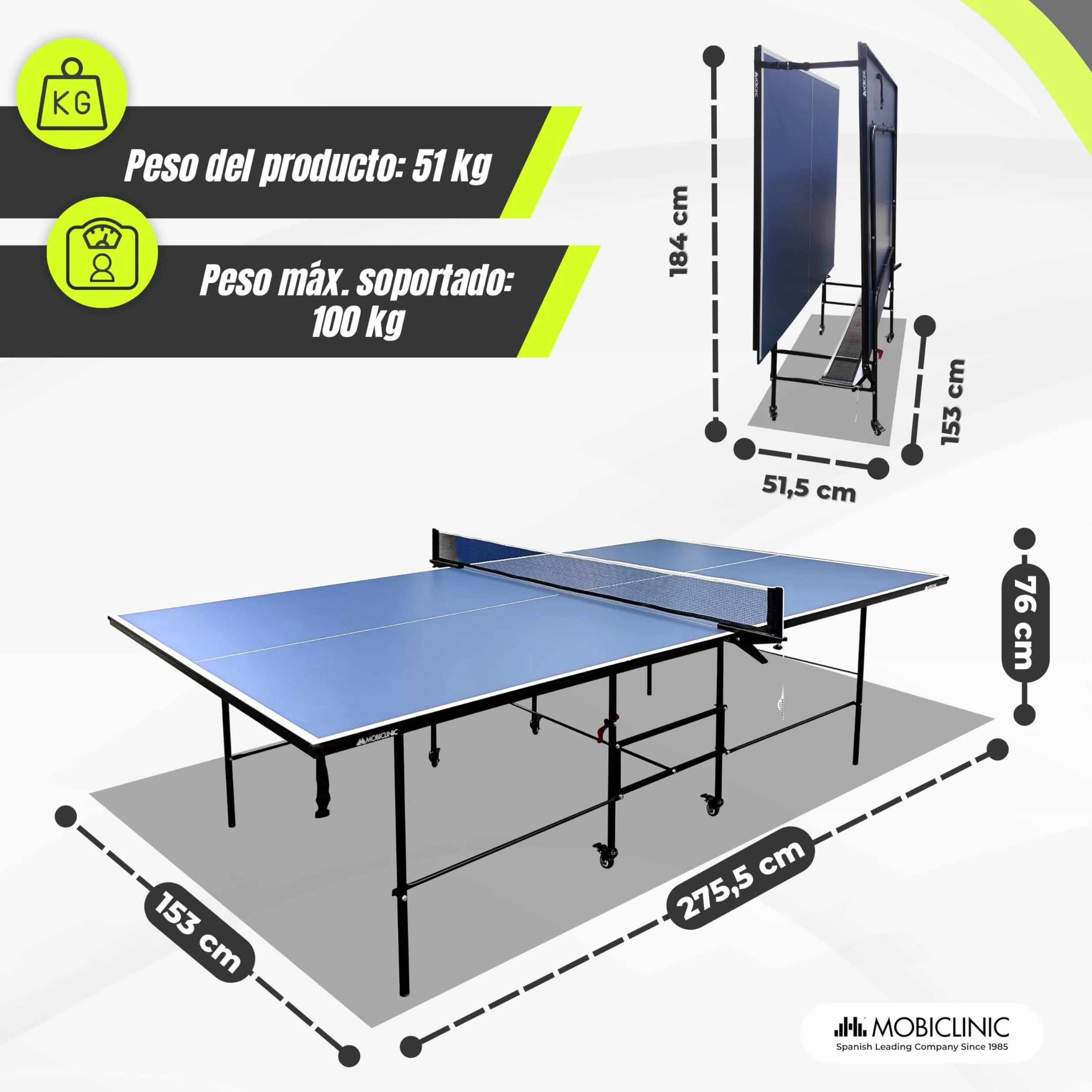 Mobiclinic Mesa de Ping Pong Plegable 274x152.5x76 cm Tokyo Azul