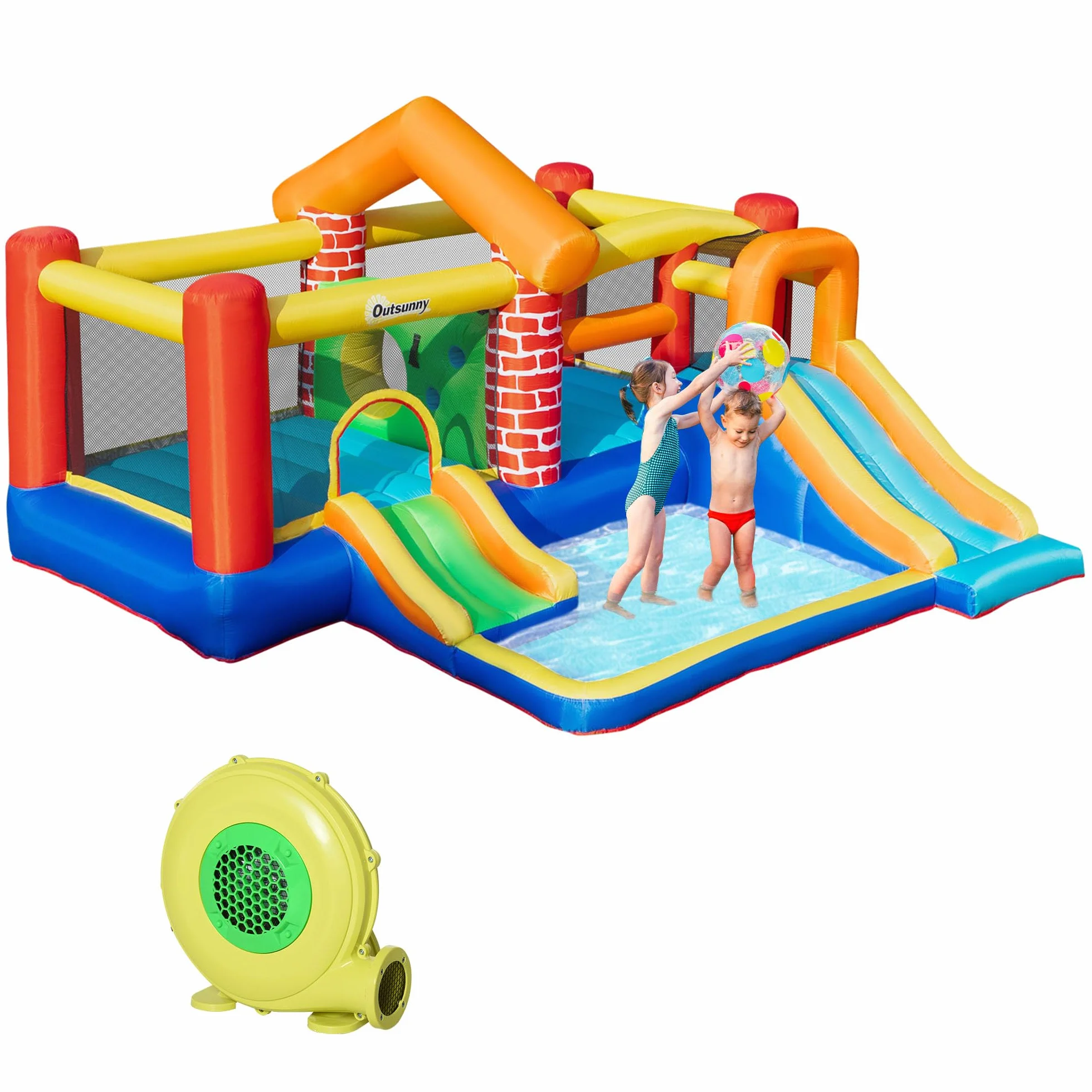 Outsunny Castillo Hinchable con 2 Toboganes 2 Camas de Salto y Piscina para Niños +3 Años Incluye Inflador y Bolsa de Transporte para Interior Exterior 380x370x230 cm Multicolor