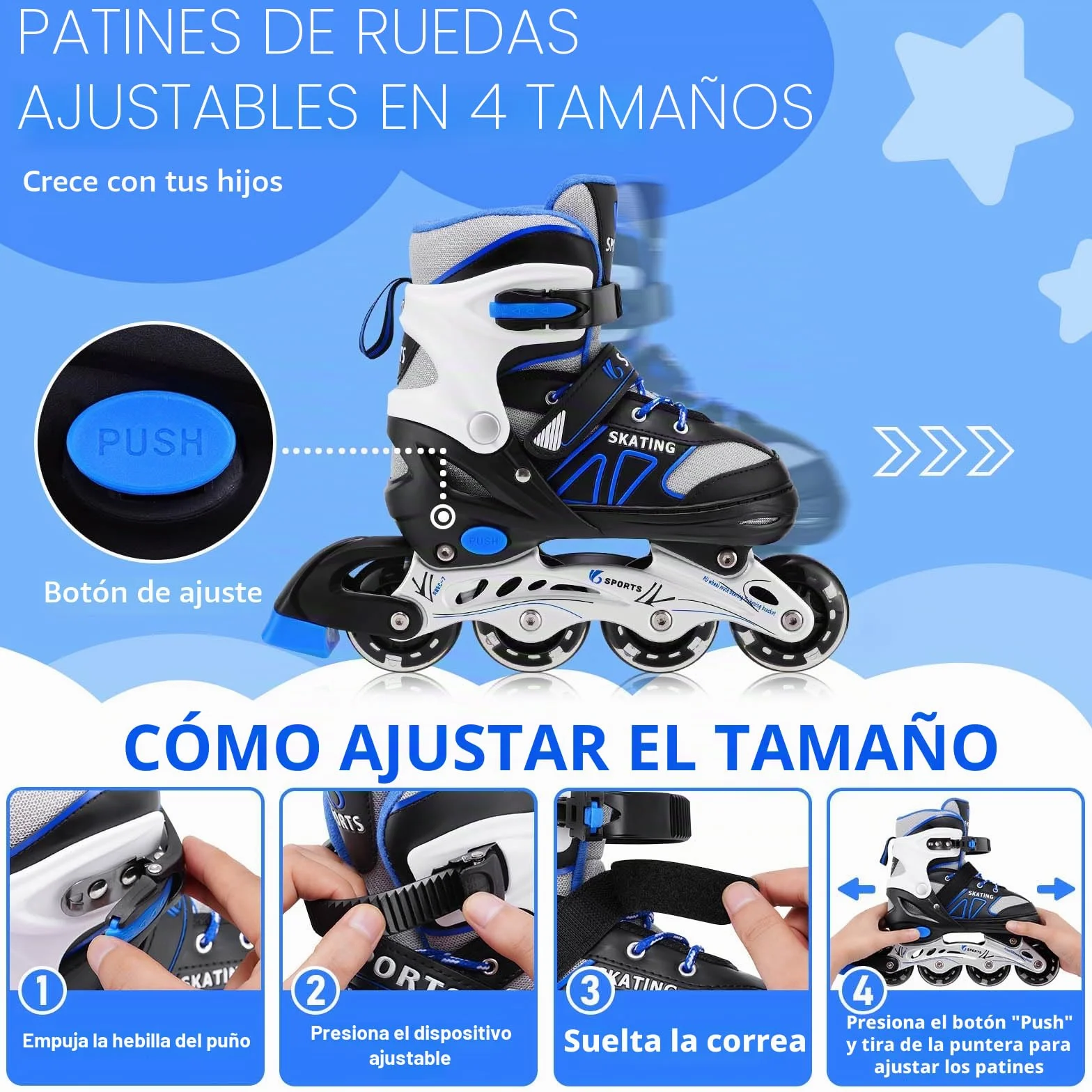 Patines en Línea Ajustable para Niño con Ruedas de Iluminación, Tallas Ajustables para Principiantes