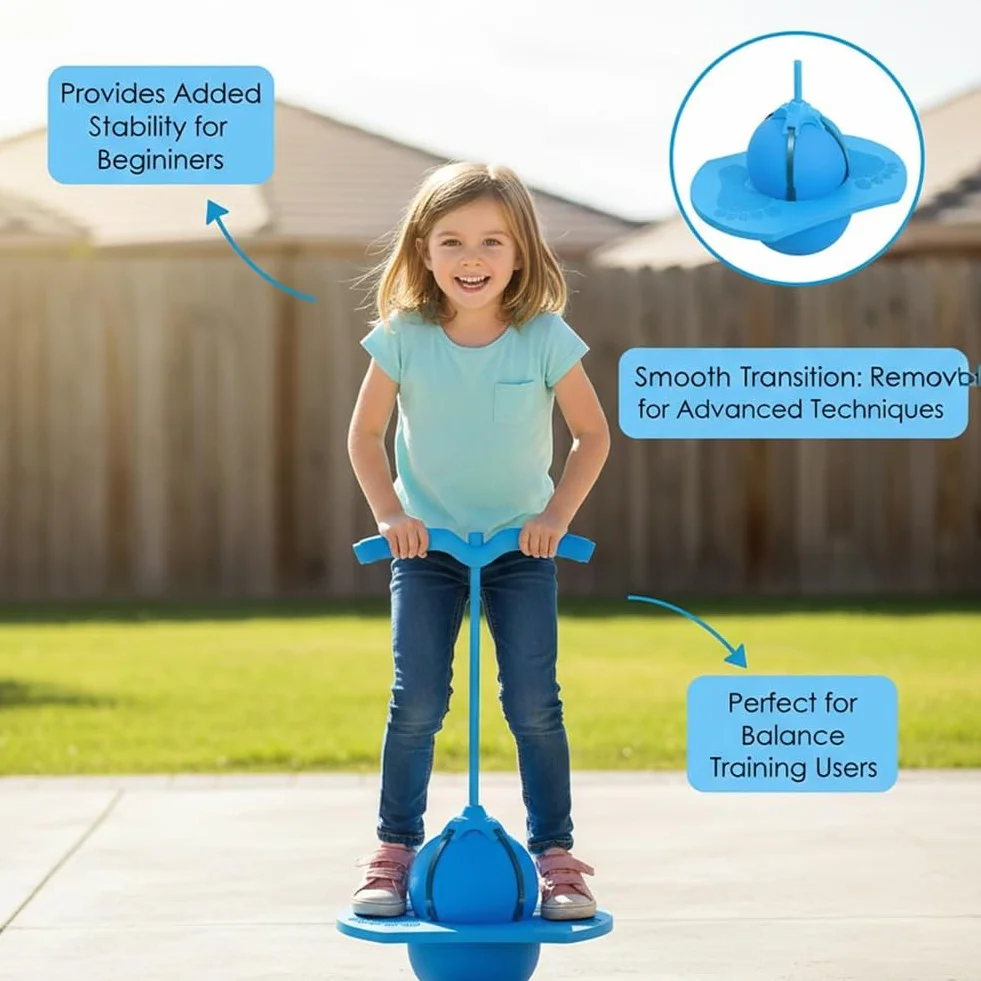 Pogo Jumper Ball for Kids & Adults, Balance Jumping Ball with Handle and Pump, Bounce Jump Trick Board, Strong Grip Deck Sticks for Boys & Girls, Exercise Balance Coordination Ability (Blue)