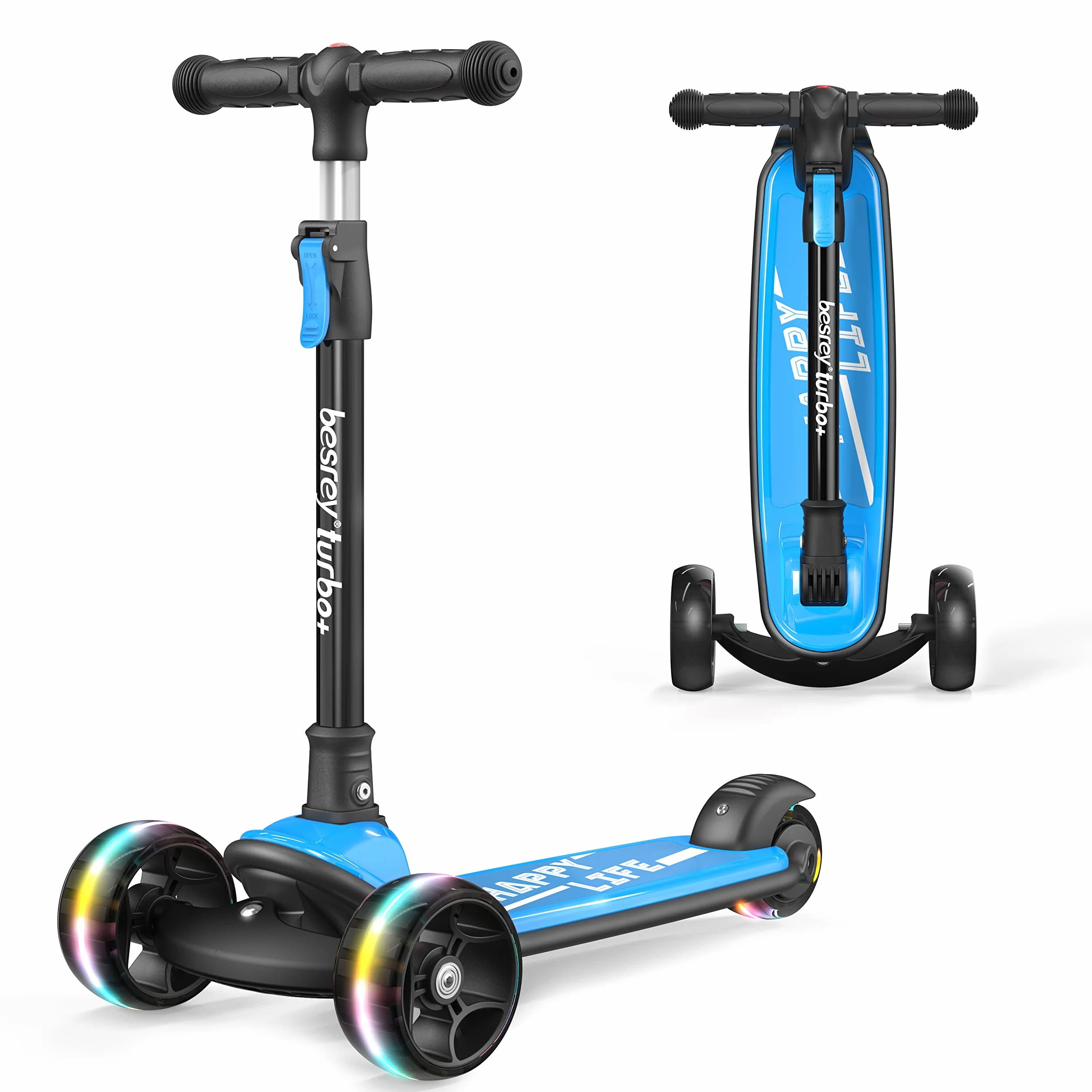 besrey Patinete para niños – Big Wheels Plegable con Luces LED Intermitentes para niños y niñas, 4 Niveles de Altura Ajustable, Tabla Ancha para niños de 2 a 8 años