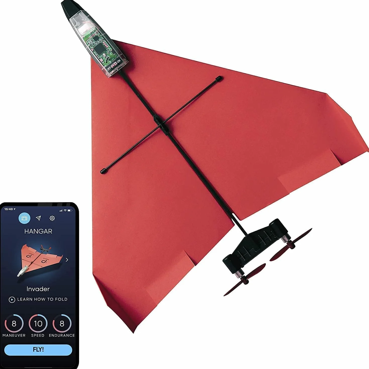 POWERUP 4.0 - Kit RC de Nueva generación para avión de Papel teledirigido por Smartphone. Fácil de pilotar con estabilizador giroscópico y piloto automático, para Aficionados, Conductores y