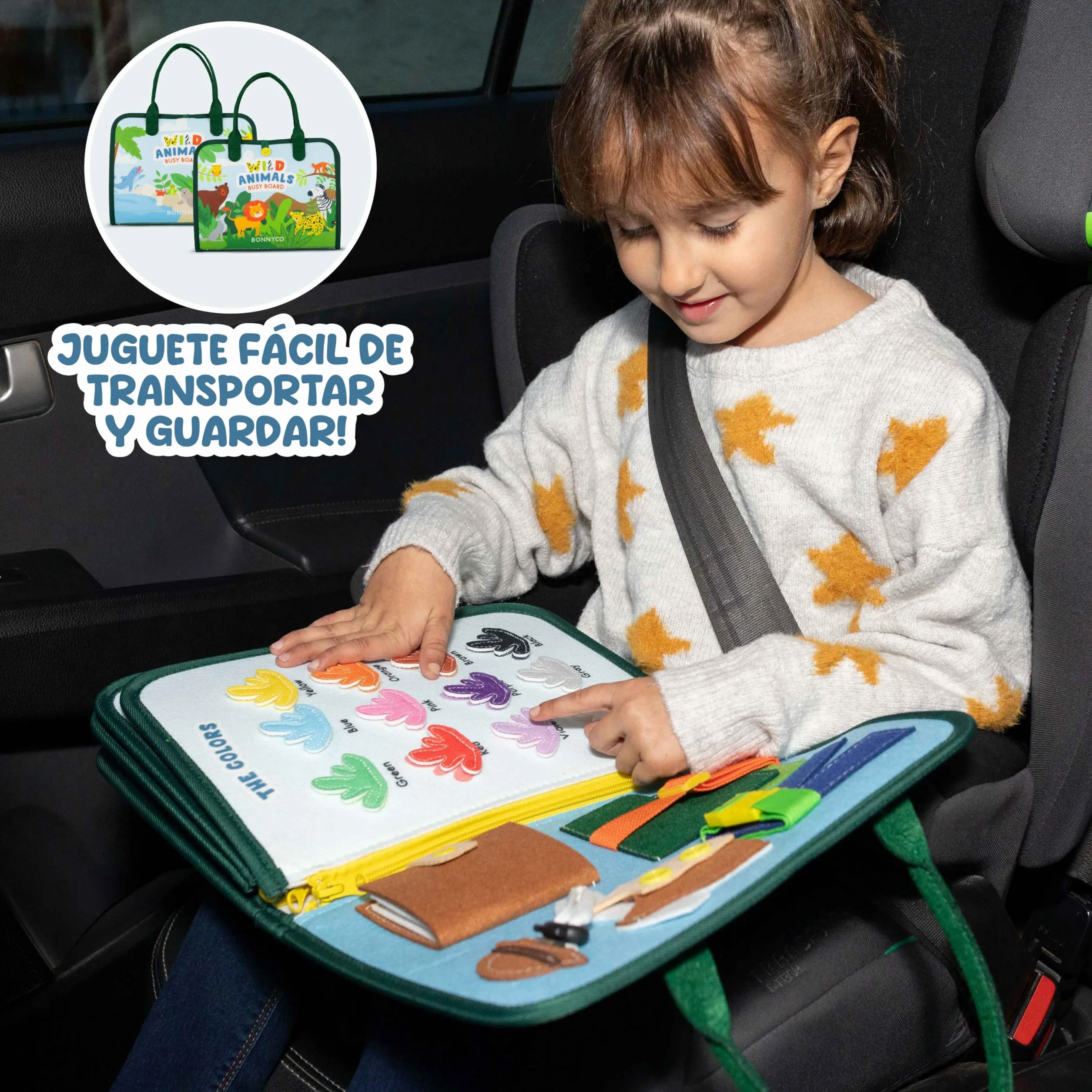BONNYCO Busy Board Montessori de Fieltro, Maletin de Paneles Sensoriales Montessori. Tablero Busy Book, Juguetes Educativos Motricidad Fina. Juguetes Regalos para Niños y Niñas Cumpleaños, Navidad
