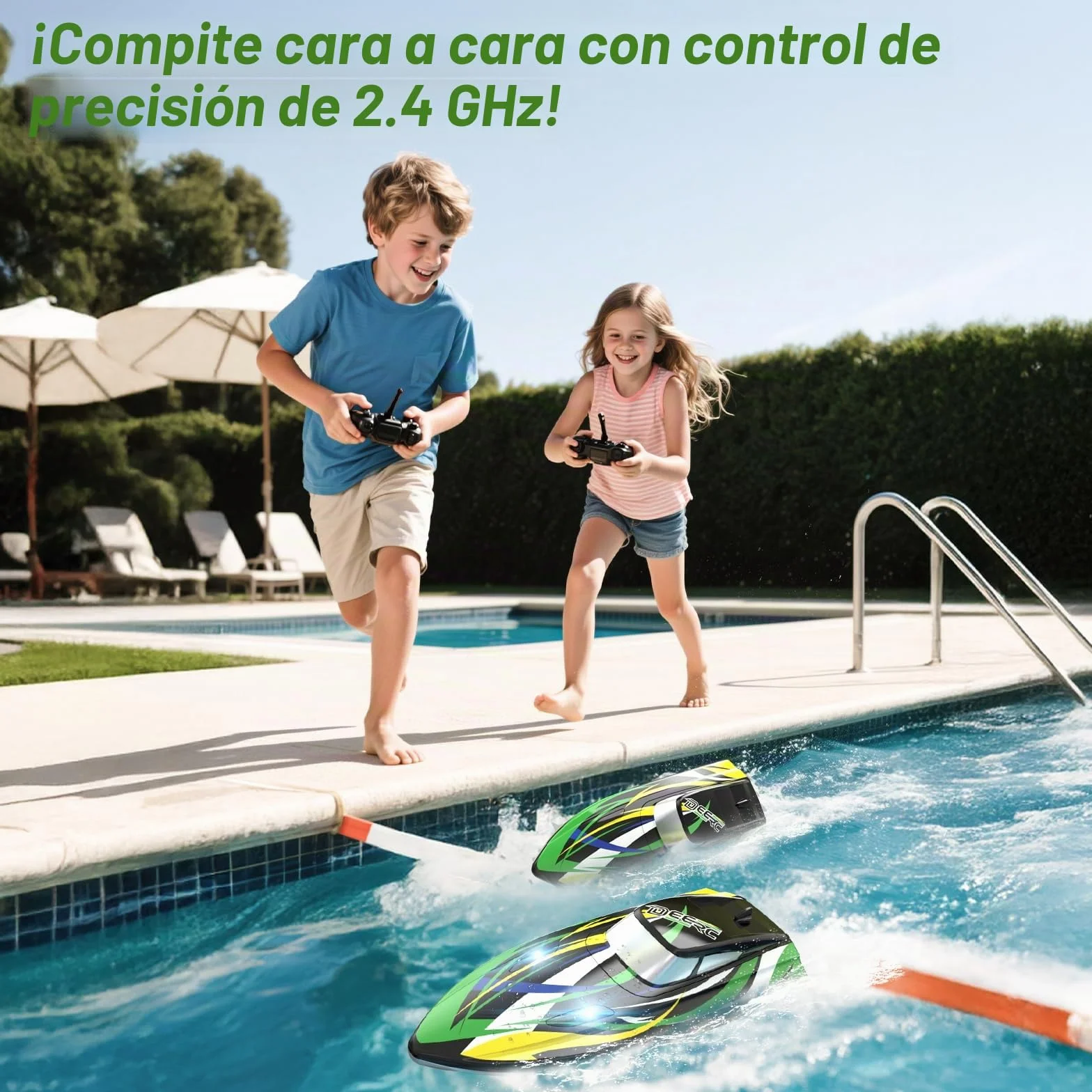 DEERC - Barco teledirigido de alta velocidad con luces LED, barco de carreras RC rápido autorectificador, 2 baterías para más de 24 minutos de autonomía, mando a distancia de 2,4 GHz, juguete para